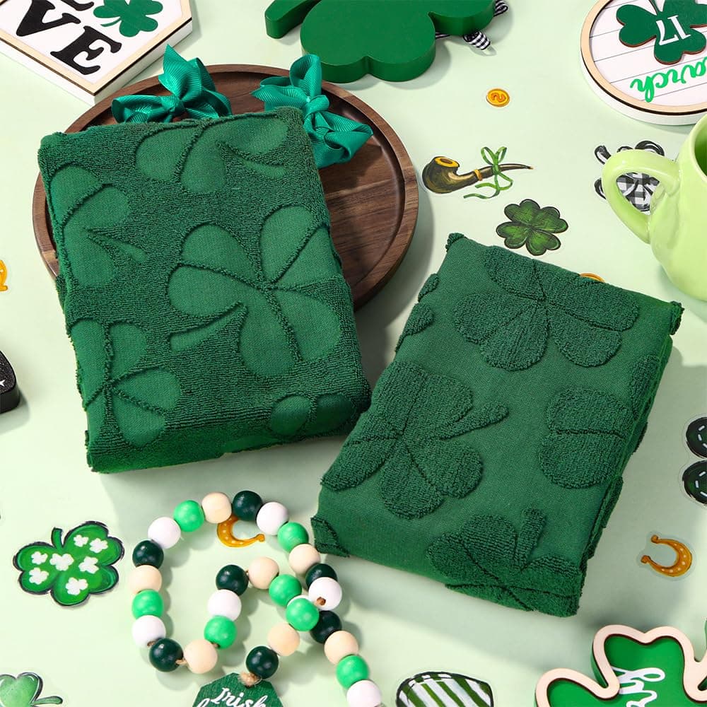 Heirloom Haven 2PCS St. Patrick's Day Hand Towels,Green Shamrock Bath Towels Set 100% Cotton Decorative Soft Absorbent for Holiday Decorative Cooking Cleaning Drying 13.7 x 29.5 Inch thumbnail 4