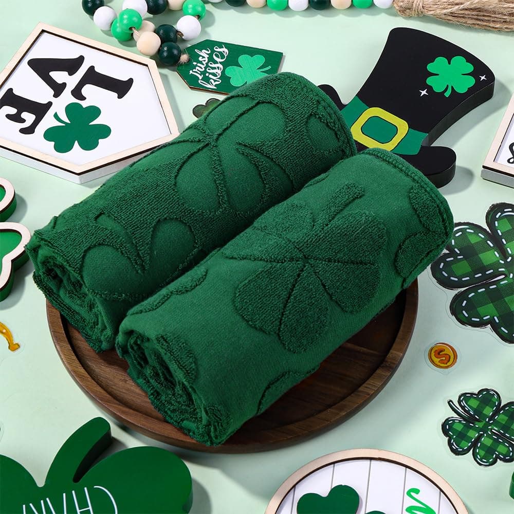 Heirloom Haven 2PCS St. Patrick's Day Hand Towels,Green Shamrock Bath Towels Set 100% Cotton Decorative Soft Absorbent for Holiday Decorative Cooking Cleaning Drying 13.7 x 29.5 Inch thumbnail 5