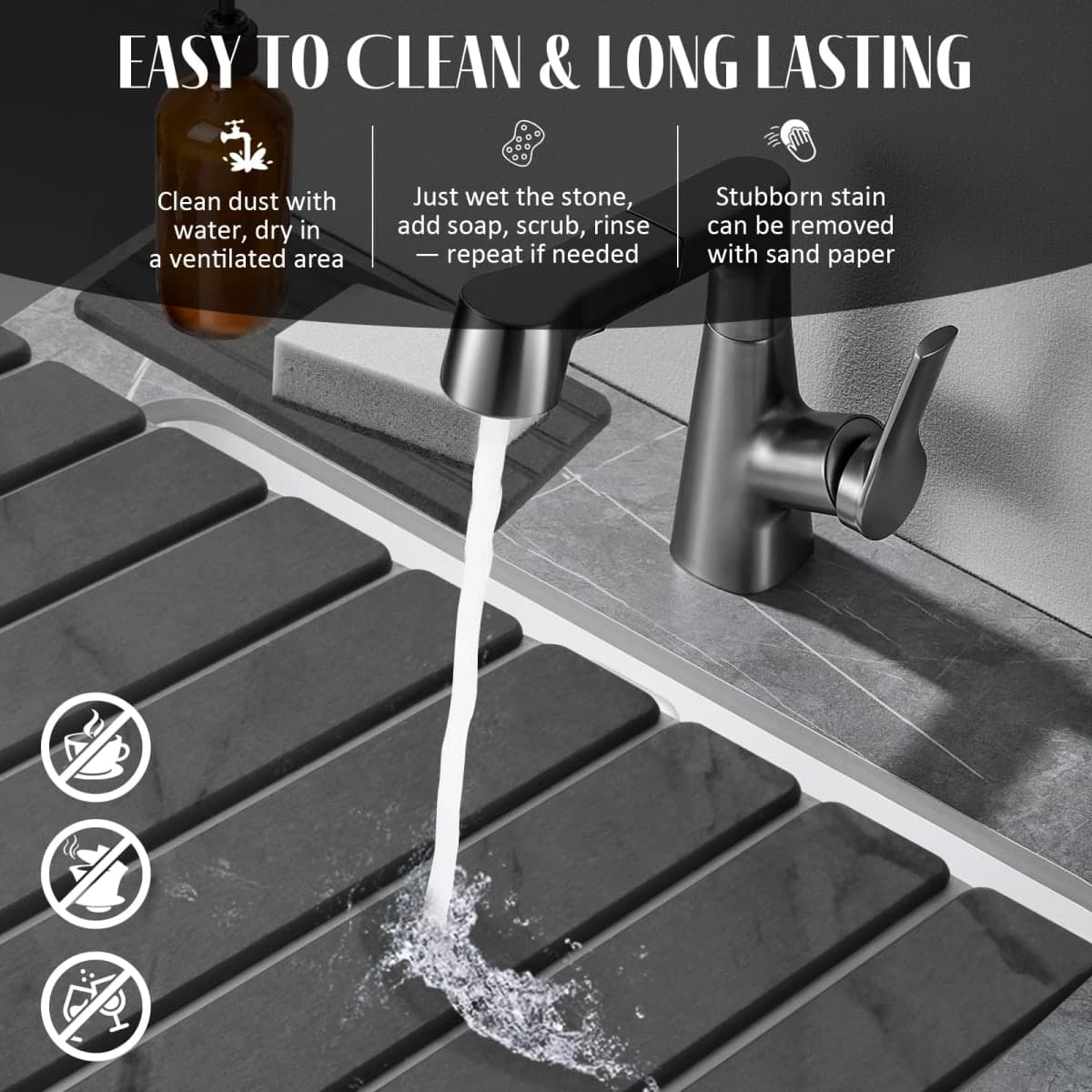 2 PCS Extra Large Stone Dish Drying Mat for Kitchen Counter, 28"×16" Marble Dish Drying Mat with 8"x 4" Coasters, Non - Slip Collapsible Absorbent Stone Dish Drying Mat for Multi - Purpose thumbnail 5