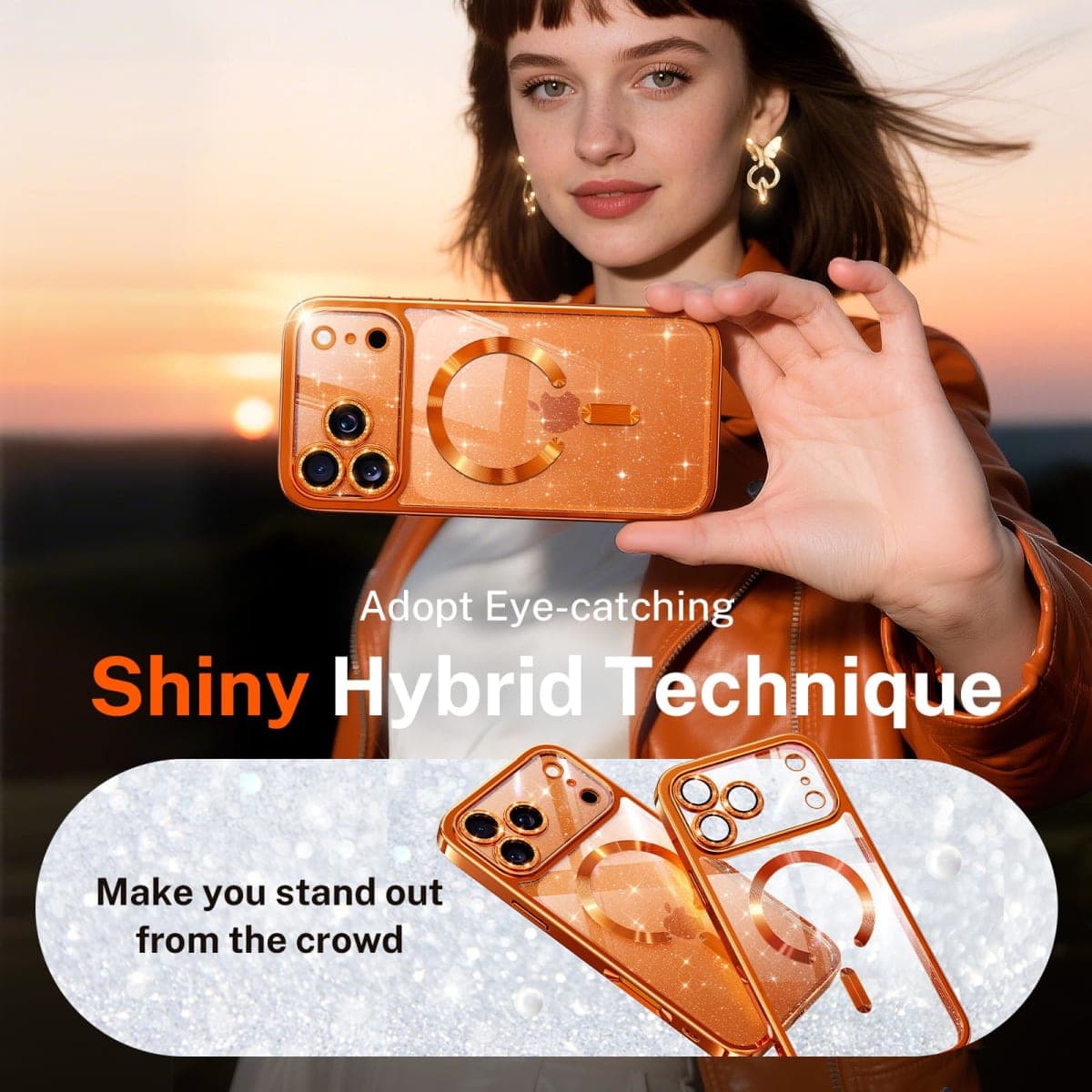 Glitter for iPhone 17 Pro Case with Eye-catching Integrated Lens Protection, [Sparkly Bling Back Panel] [Seamless Work with Magsafe] Cute Women Girly Magnetic Case for iPhone 17 Pro 6.3" Cosmic Orange thumbnail 2
