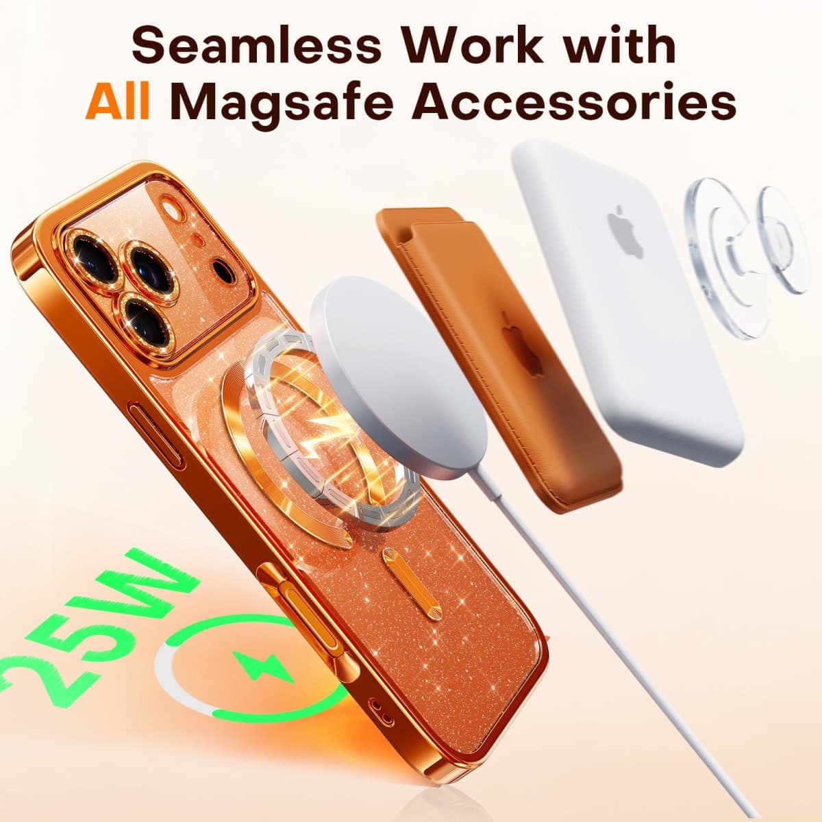 Glitter for iPhone 17 Pro Case with Eye-catching Integrated Lens Protection, [Sparkly Bling Back Panel] [Seamless Work with Magsafe] Cute Women Girly Magnetic Case for iPhone 17 Pro 6.3" Cosmic Orange thumbnail 4