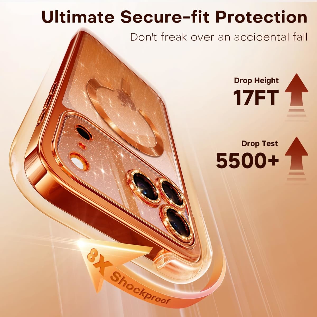 Glitter for iPhone 17 Pro Case with Eye-catching Integrated Lens Protection, [Sparkly Bling Back Panel] [Seamless Work with Magsafe] Cute Women Girly Magnetic Case for iPhone 17 Pro 6.3" Cosmic Orange thumbnail 5