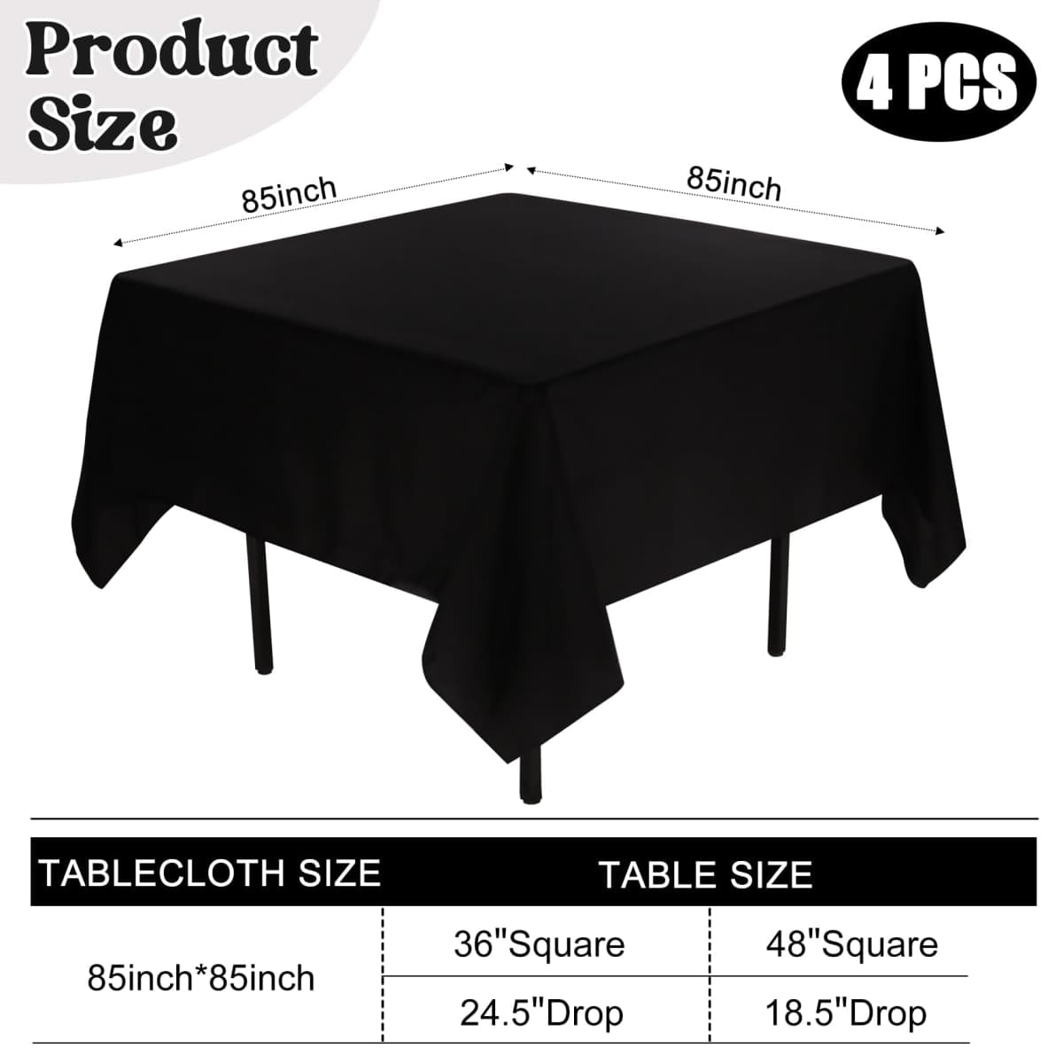 JALANCY 4 Pack Square Table Cloth 85x85 Inch Black Tablecloth Machine Washable Fabric Polyester Table Cover for Dining, Buffet Parties, Picnic, Events, Weddings and Restaurants（Black） thumbnail 2
