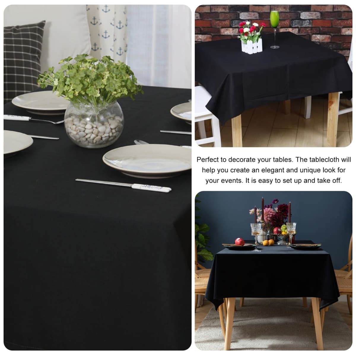 JALANCY 4 Pack Square Table Cloth 85x85 Inch Black Tablecloth Machine Washable Fabric Polyester Table Cover for Dining, Buffet Parties, Picnic, Events, Weddings and Restaurants（Black） thumbnail 5
