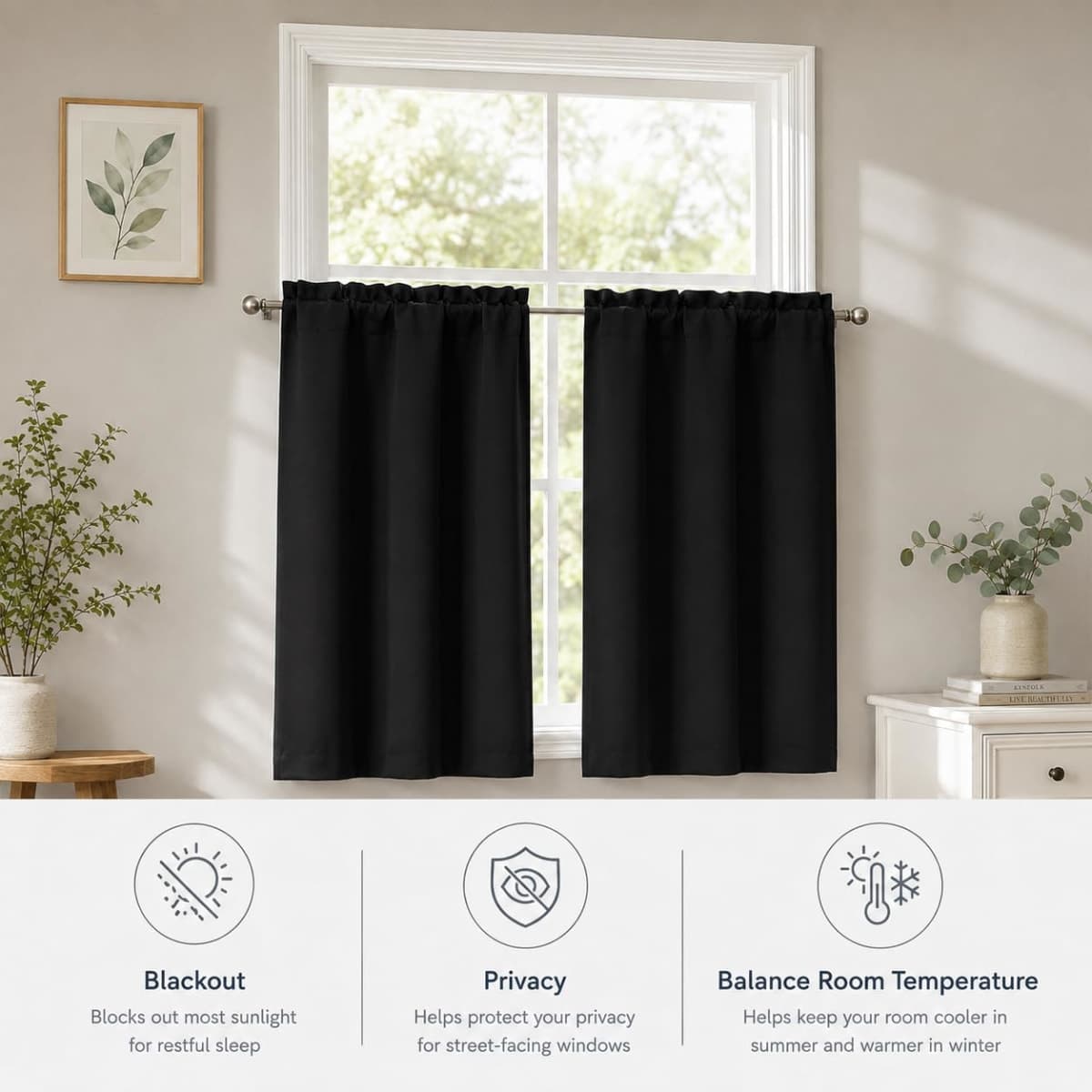 Chyhomenyc Short Black Out Curtains 36 Inch Length, 2 Panels, Black thumbnail 4
