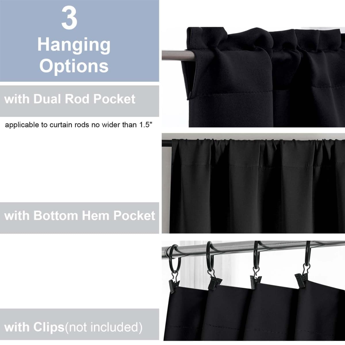 Chyhomenyc Short Black Out Curtains 36 Inch Length, 2 Panels, Black thumbnail 5