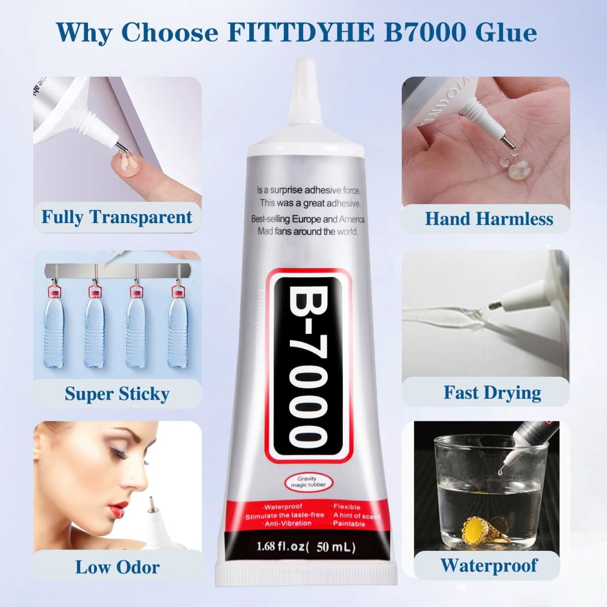FITTDYHE B7000 Glue Clear with Precision Tip，50Ml B7000 Glue Clear for Rhinestones Glue for Crafts, Multipurpose Jewelry Glue for Fabric DIY Craft Makeup Shoes Jewelry Making Nail Art thumbnail 4