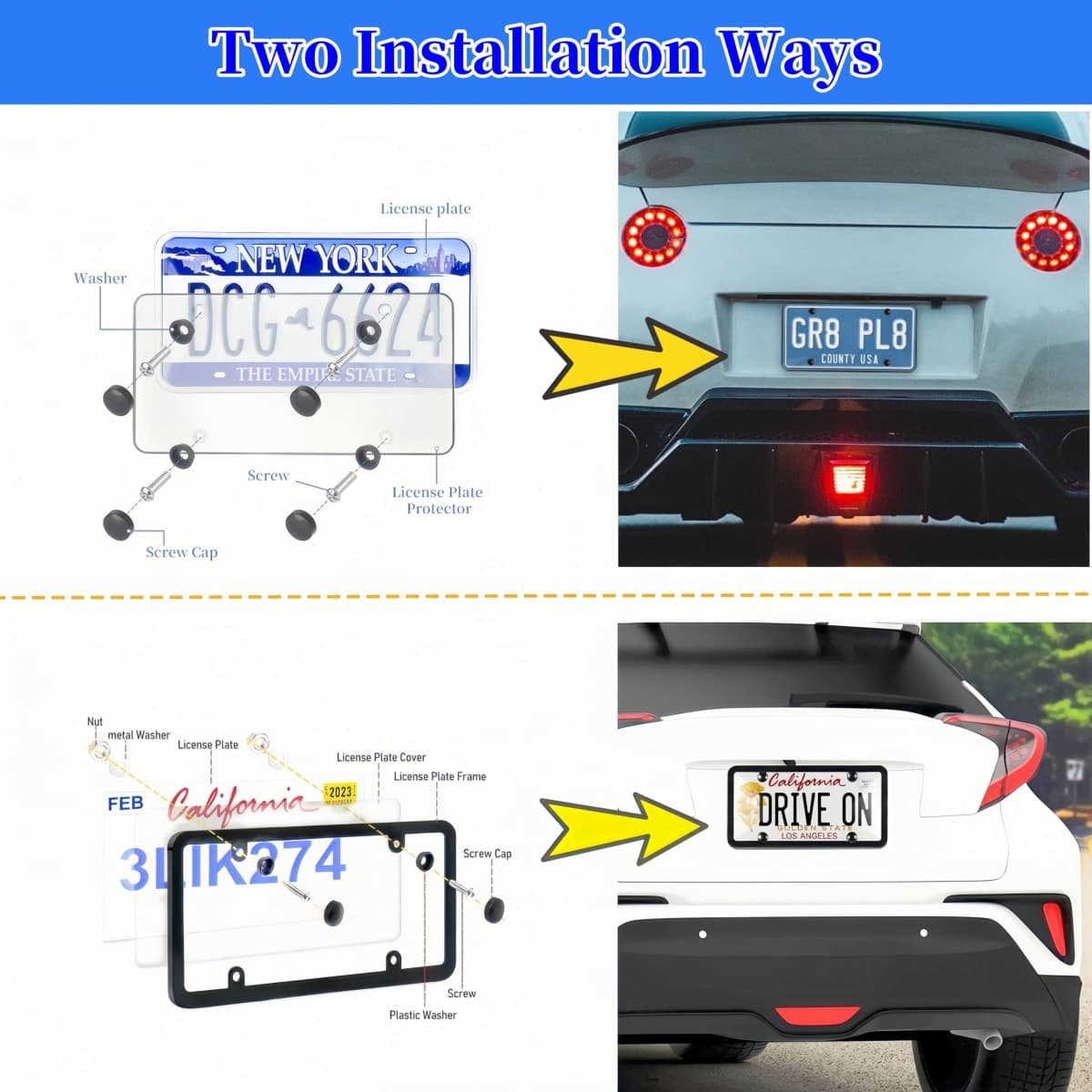Uliche 2 Pack Universal Transparent Car License Plate Cover & Frames Combo Clear colorless License Plate Protector with Screws & Caps, Rust-Proof, Unbreakable for Most US Standard Cars thumbnail 3