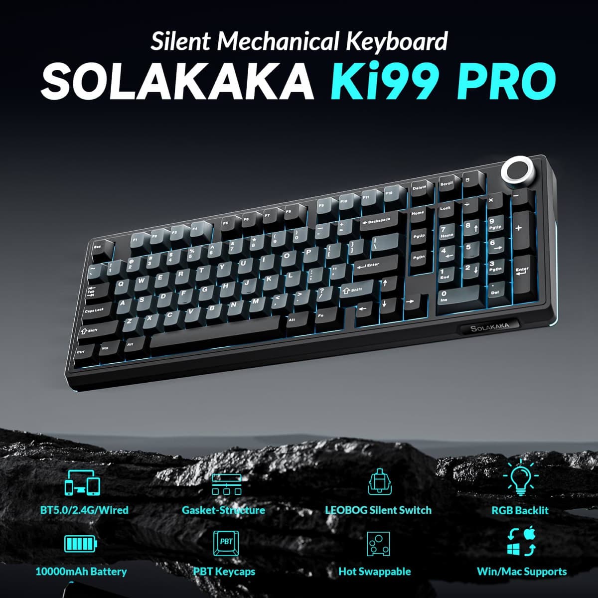 SOLAKAKA KI99 Pro Wireless Mechanical Keyboard with Quiet Switch, Hot Swappable Pre-Lubed Switches with RGB Backlit, Gasket Structure Computer Gaming Keyboard (BlackBlue, Silent Switch) thumbnail 2