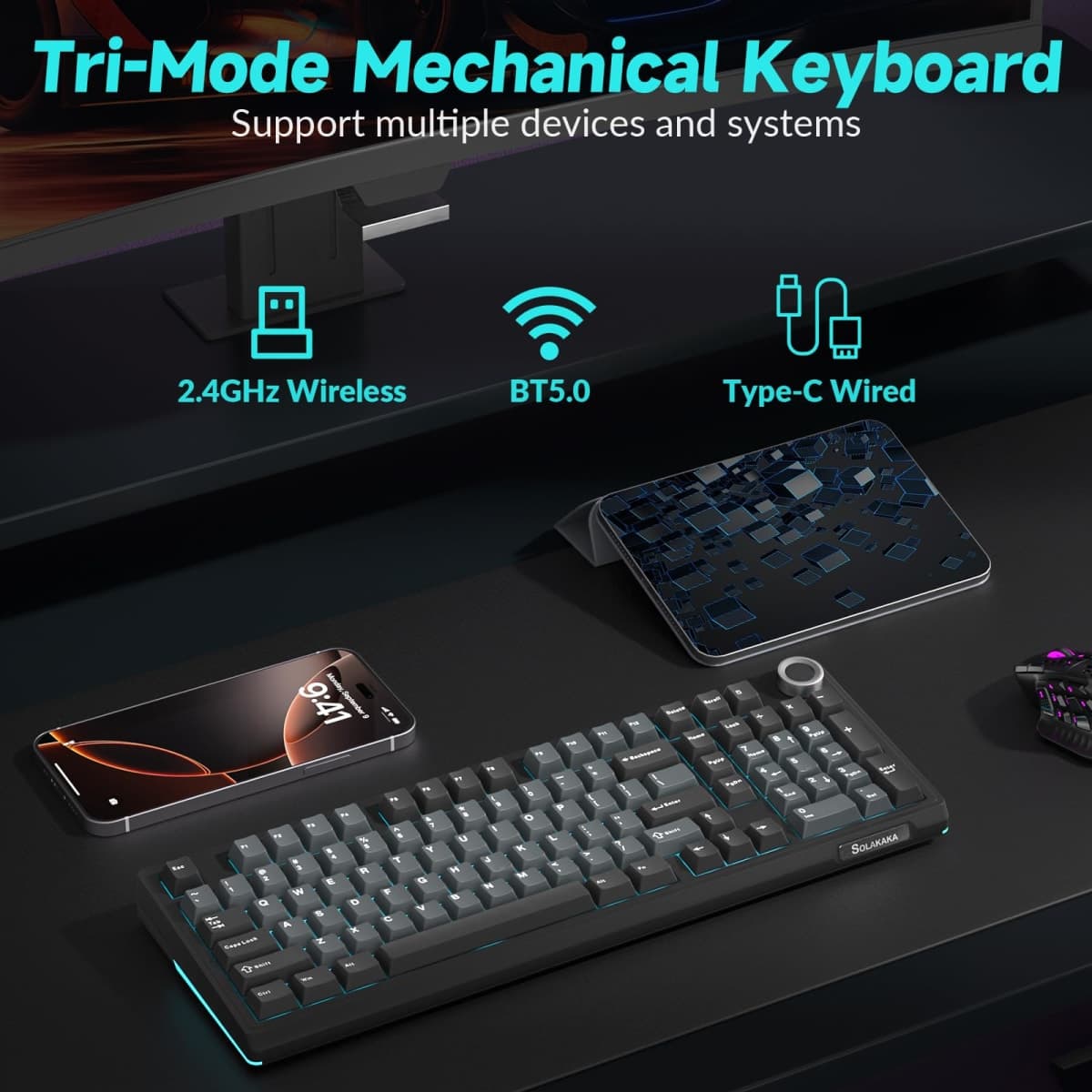 SOLAKAKA KI99 Pro Wireless Mechanical Keyboard with Quiet Switch, Hot Swappable Pre-Lubed Switches with RGB Backlit, Gasket Structure Computer Gaming Keyboard (BlackBlue, Silent Switch) thumbnail 3