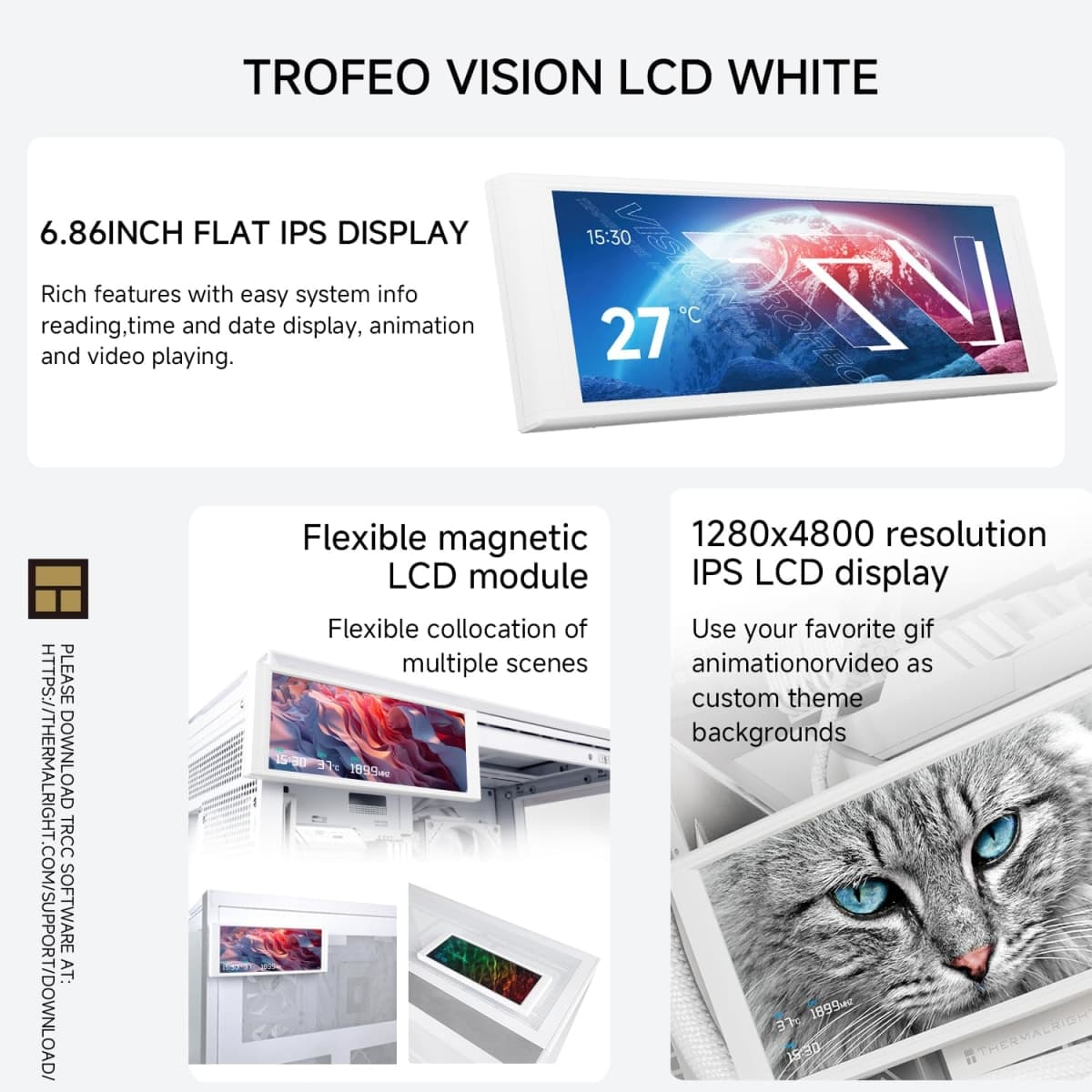 Thermalright Trofeo Vision LCD White Edition Case Sub-Display Features a 6.86-inch Full-Color LCD Screen (1280x480 Resolution) with Magnetic Panel Design. Supports DIY Dynamic/Static Images (White). thumbnail 2