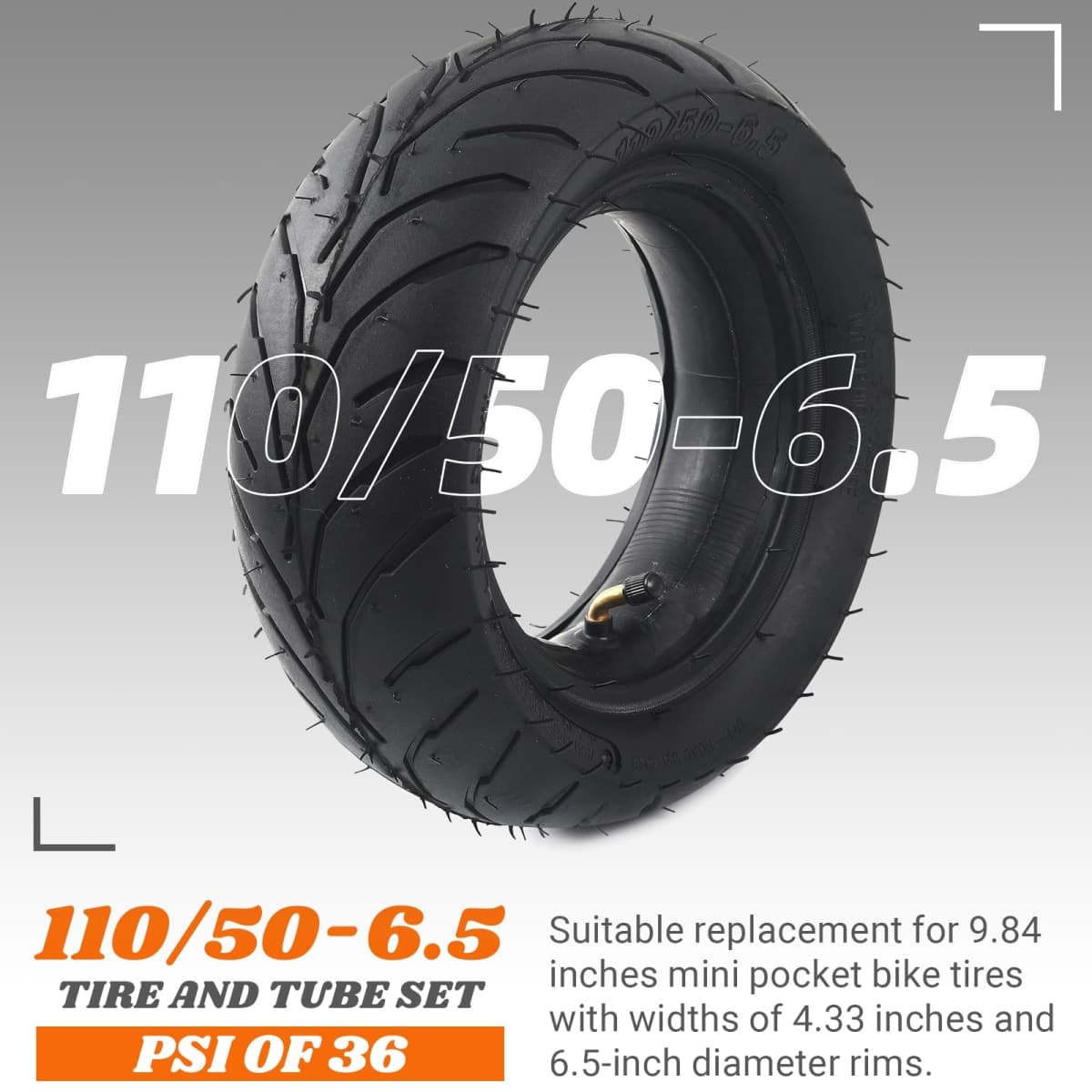 (1 Set) Universal Replacement Rear 110/50-6.5 Tire and Tube Set - Fits Most 38cc, 47cc, and 49cc Mini Pocket Bikes - Compatible with MTA1/MTA2, GP-RSR, and More - Angled Valve Stem for Easy Inflation thumbnail 2