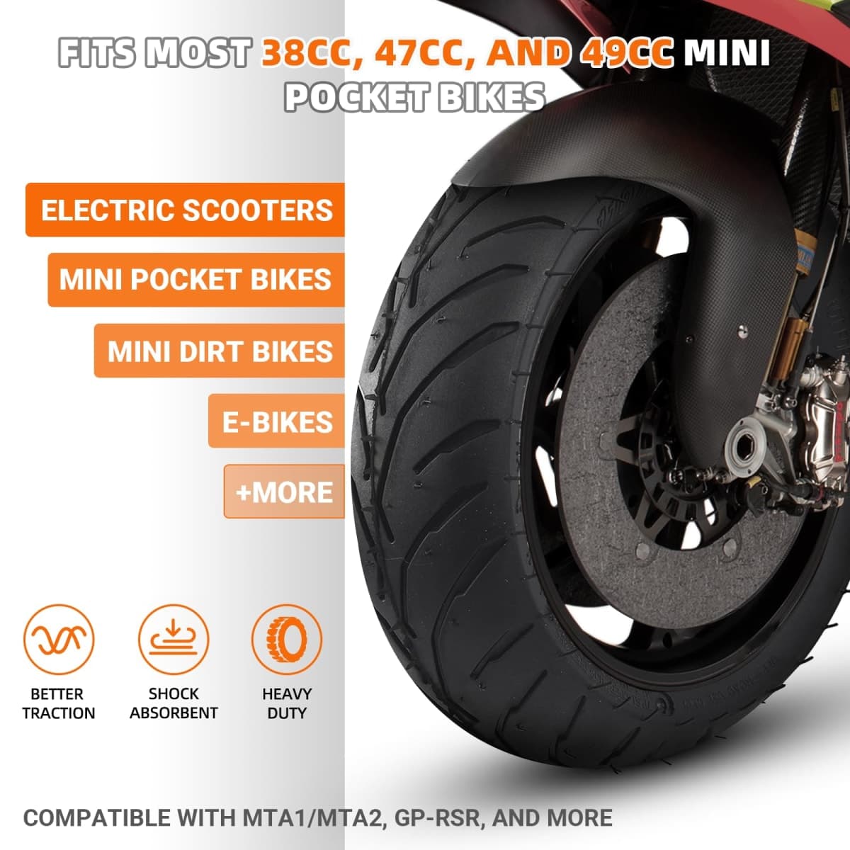 (1 Set) Universal Replacement Rear 110/50-6.5 Tire and Tube Set - Fits Most 38cc, 47cc, and 49cc Mini Pocket Bikes - Compatible with MTA1/MTA2, GP-RSR, and More - Angled Valve Stem for Easy Inflation thumbnail 5