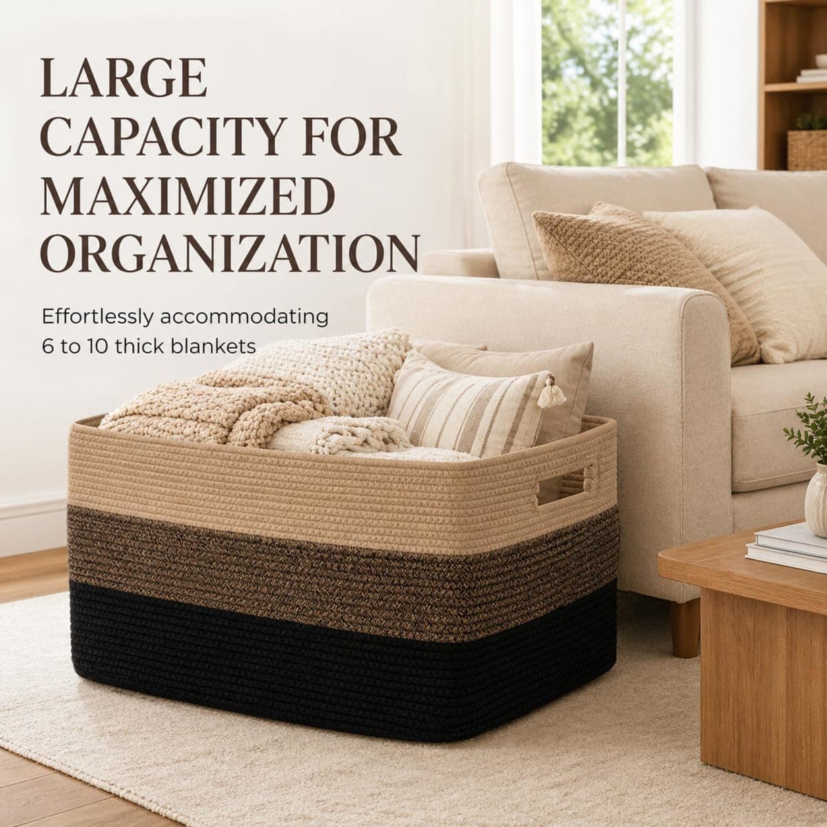 OIAHOMY Large Cotton Rope Basket, Rectangle Woven Baskets for Storage, Nursery Blanket Basket Living Room, Toy Basket With Handle, Large Baskets for Organizing-22”x17”x12”-Yellow Black thumbnail 3