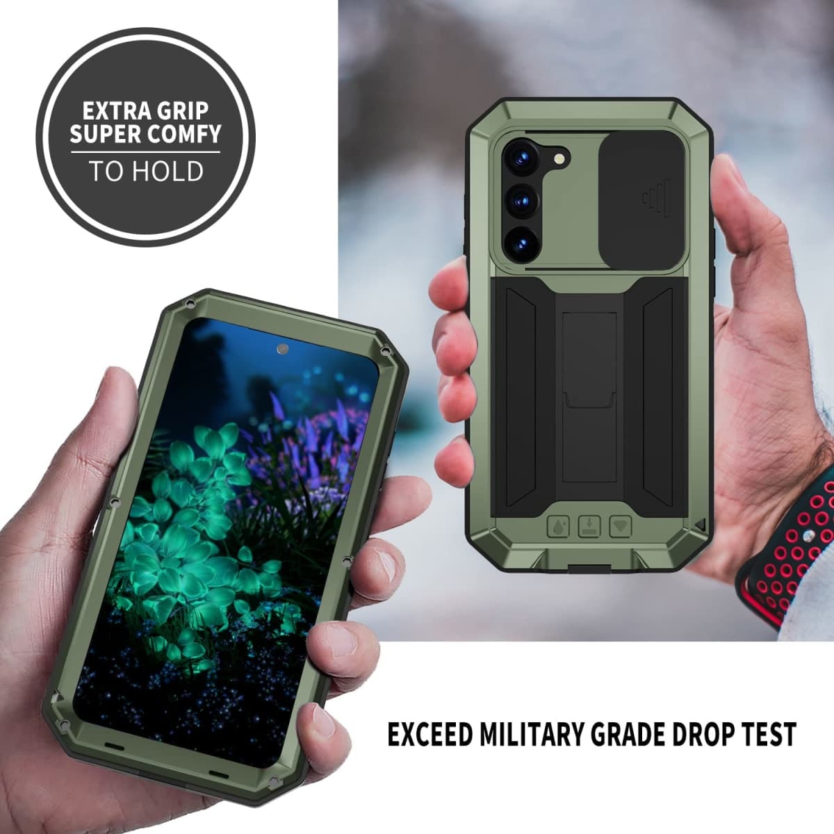 FW Samsung Galaxy S23 Ultra Metal Case with Slide Camera Cover Built in Screen Protector Full Body Hybrid S23 Ultra Case Metal Kickstand Military Heavy Duty Armor Silicone Case for Man Woman (Green) thumbnail 4