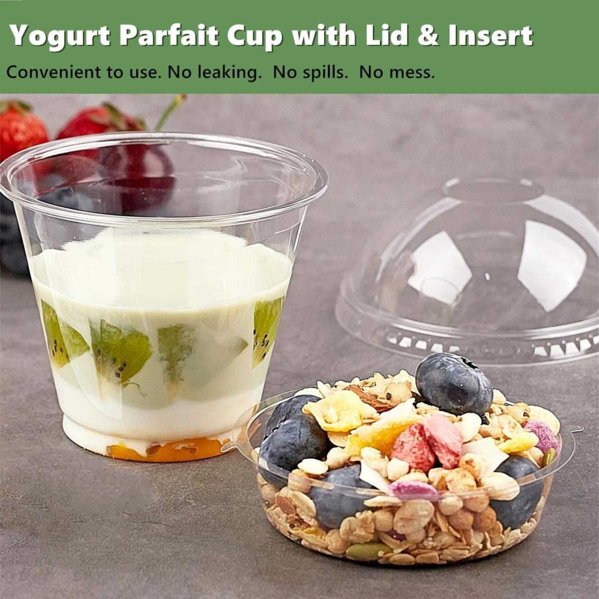 Zezzxu 50 Pack 9 oz Disposable Parfait Cups with Dome Lids No Hole, Toppings Compartment and Spork, Yogurt Conatiner with Granola Holder for Take Away Breakfast and Snacks, No Leaking thumbnail 4