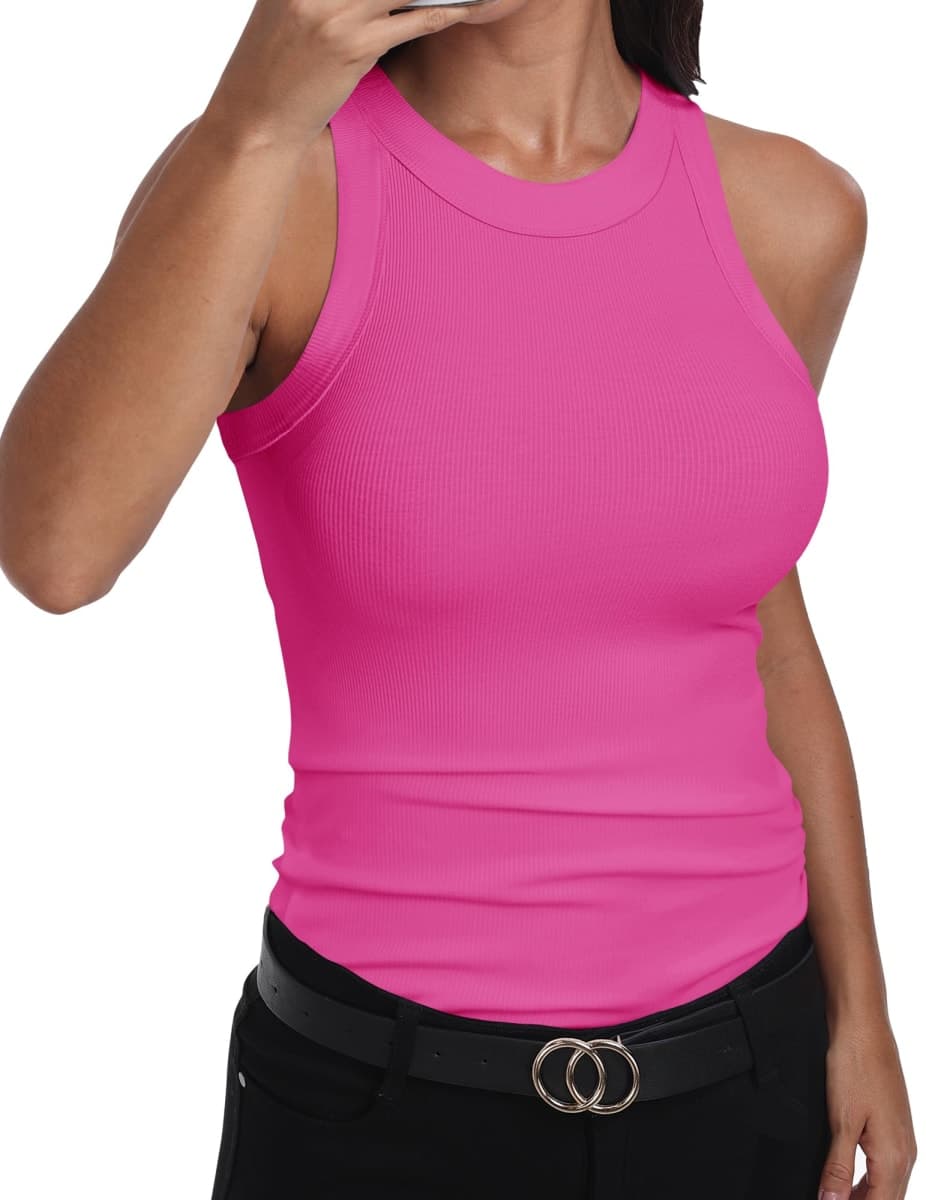 GEMBERA - Women's Ribbed Cotton High Neck Racerback Fitted Tank Top, Hot pink, XL