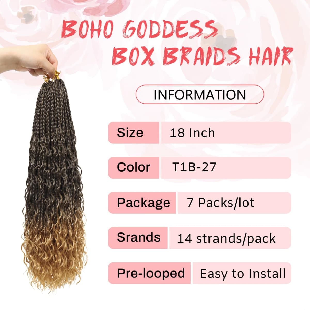 Eeanno Goddess Box Braids Crochet Hair 18 Inch 7 Packs Honey Blonde Boho Hair for Women Pre Looped Crochet Box Braids with Curly Ends, T1B/27 thumbnail 2