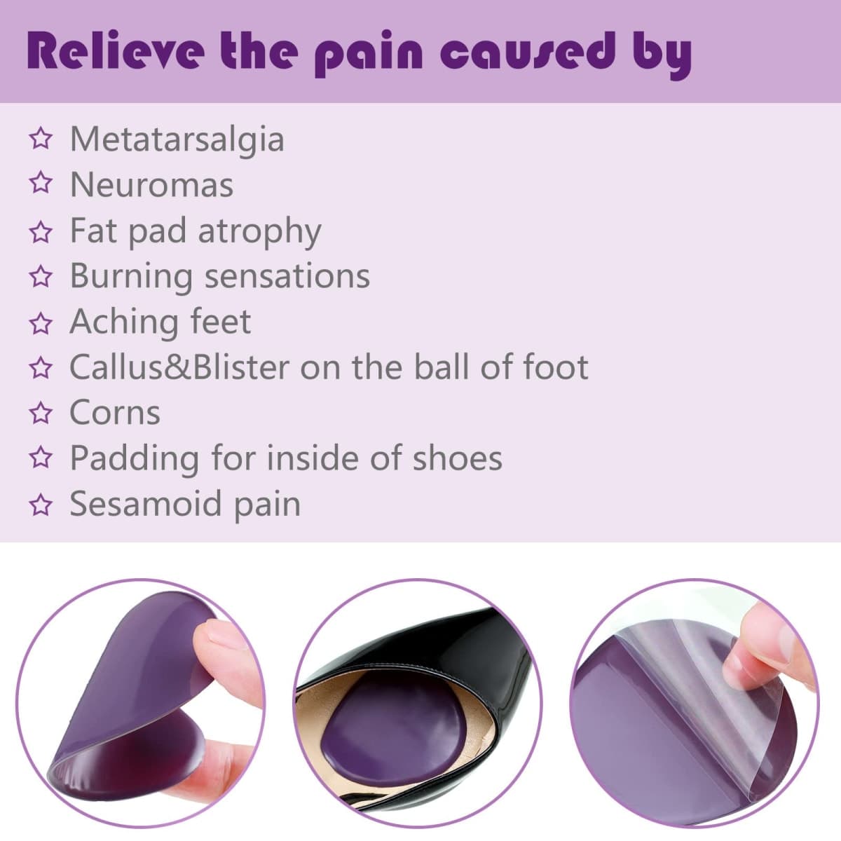 Mepase 8 Pieces Gel Ball of Foot Cushions Metatarsal Pads for Women and Men Gel Ball of Foot Soft Metatarsal Cushioning Pain Relief with 1 Wood Box Storage(Purple) thumbnail 4