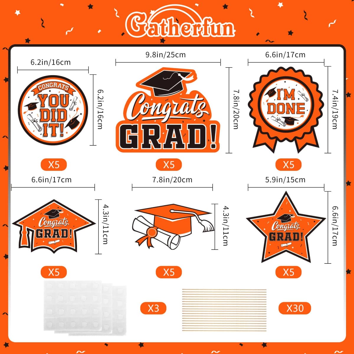 30PCS Graduation Party Decorations Class of 2023 Congrats Grad Table Centerpiece，Graduation Table Decorations，Congratulate Graduation Centerpiece Sticks Table Toppers for Graduation Party Supplies(Orange,Black） thumbnail 2