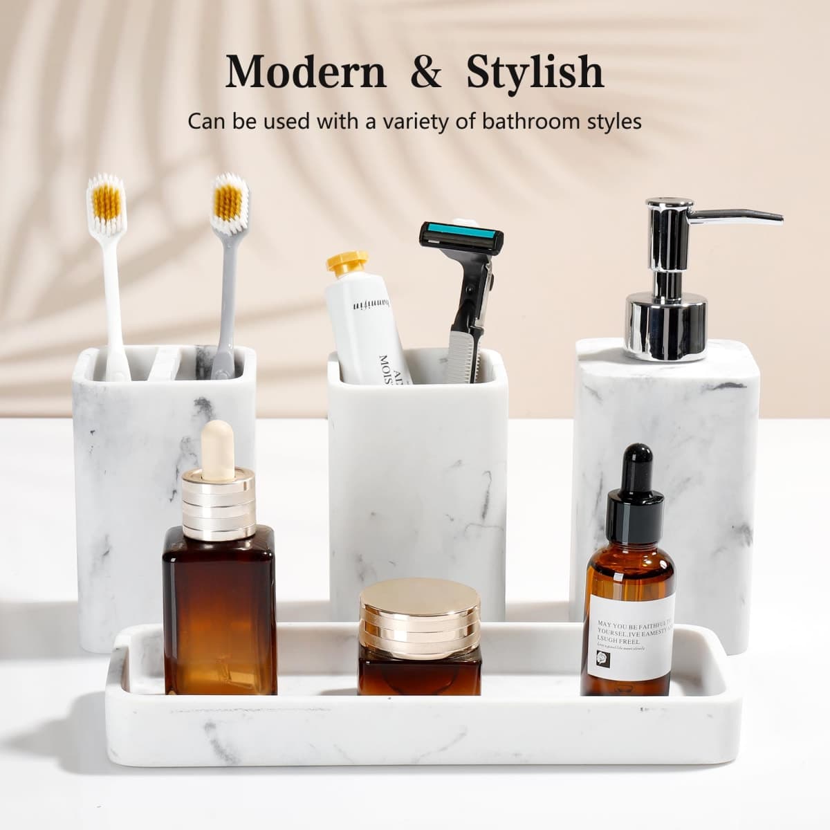 YMXYJM Bathroom Accessories Set, 4 Pcs Bathroom Accessory Set, Soap Dispenser, Toothbrush Holder, Qtip Holder Set, Bathroom Sets Complete, Bathroom Sink Set for Modern Home Decor, White thumbnail 2