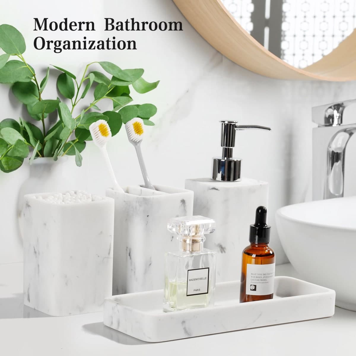 YMXYJM Bathroom Accessories Set, 4 Pcs Bathroom Accessory Set, Soap Dispenser, Toothbrush Holder, Qtip Holder Set, Bathroom Sets Complete, Bathroom Sink Set for Modern Home Decor, White thumbnail 3