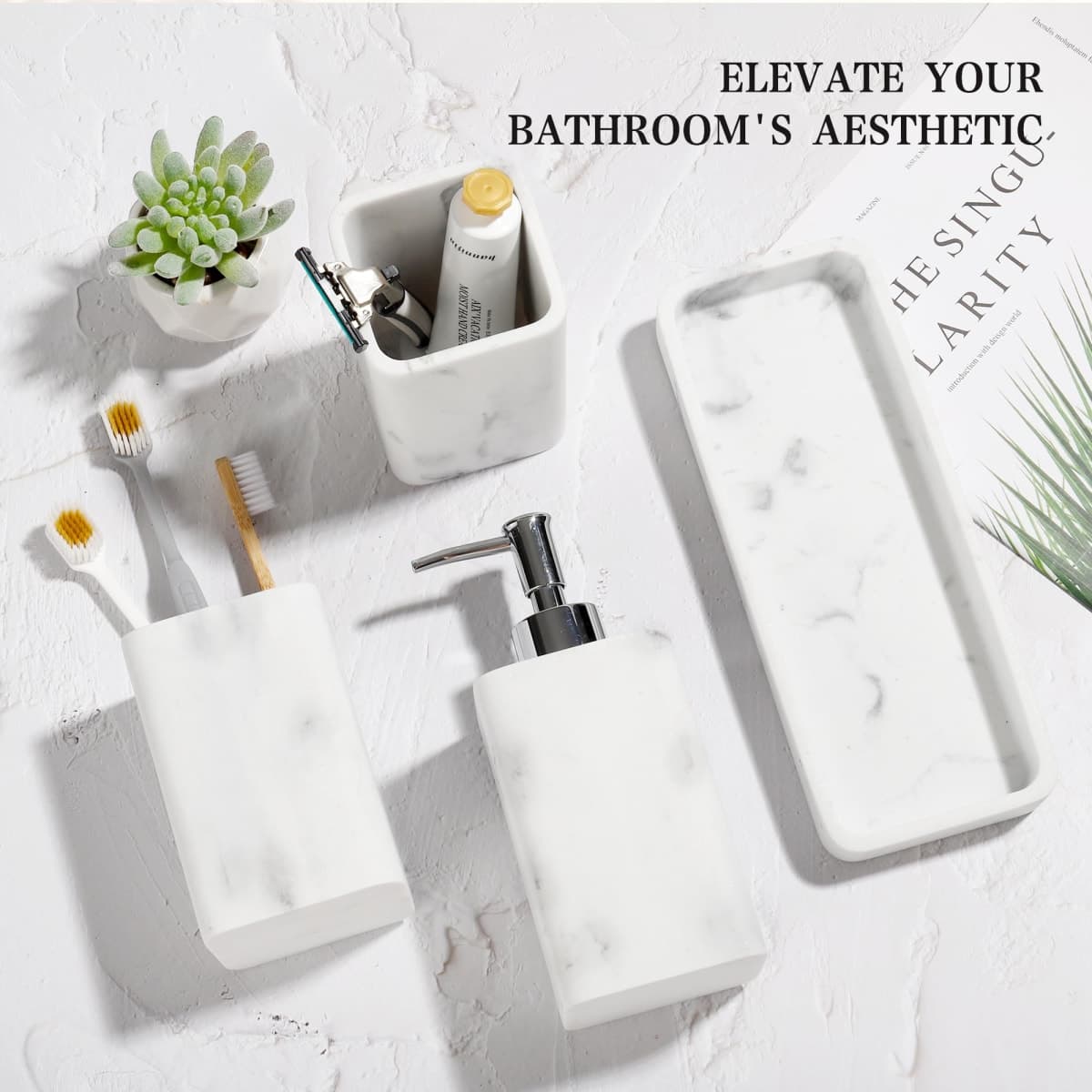 YMXYJM Bathroom Accessories Set, 4 Pcs Bathroom Accessory Set, Soap Dispenser, Toothbrush Holder, Qtip Holder Set, Bathroom Sets Complete, Bathroom Sink Set for Modern Home Decor, White thumbnail 4