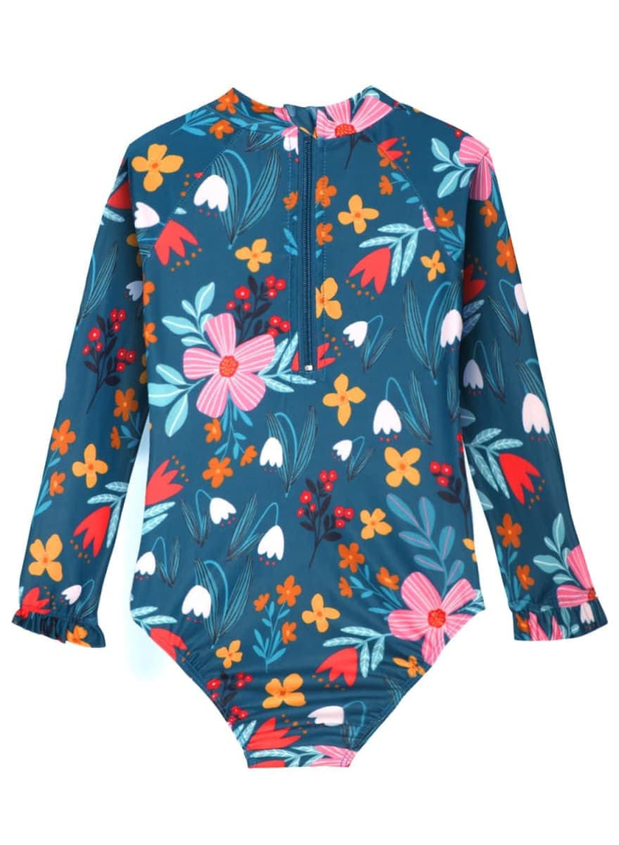 Alakuoti Long Sleeve One Piece Ruffle Swimsuit for Toddler Girls Baby Girl Rashguard Shirt with UPF 50+ Sun Protection, Green Flower, 4-5T thumbnail 2