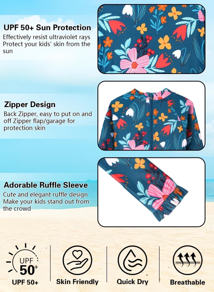 Alakuoti Long Sleeve One Piece Ruffle Swimsuit for Toddler Girls Baby Girl Rashguard Shirt with UPF 50+ Sun Protection, Green Flower, 4-5T thumbnail 3