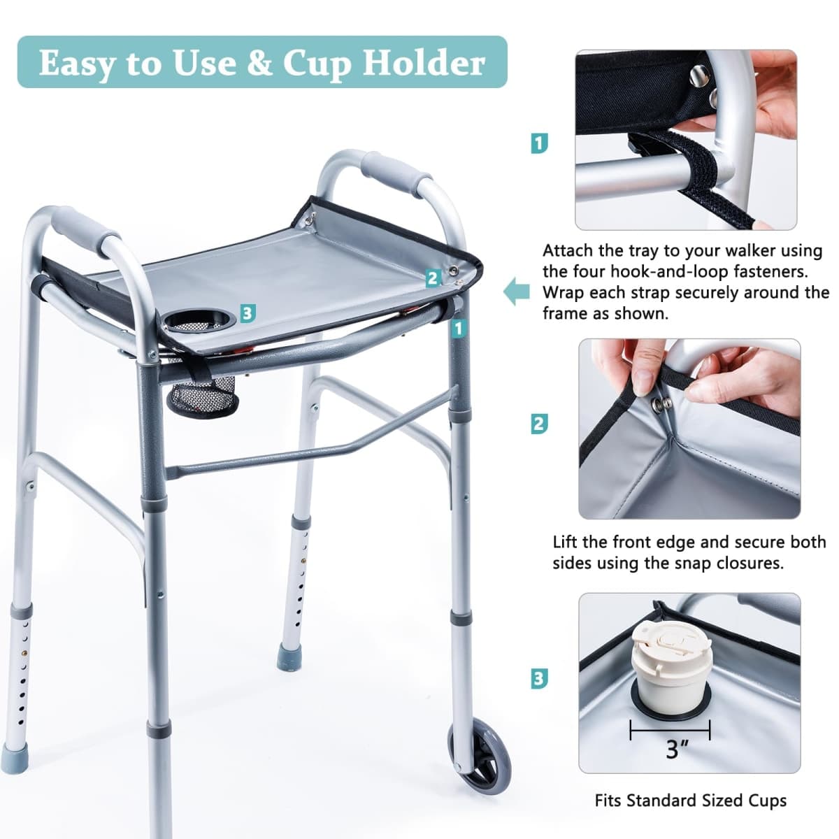 BAGSFY Walker Tray for Folding Walkers with Cup Holder – Hard Tray Table for Seniors,Easy Install, Universal Fit Walker Accessory for Meals, Drinks, Reading, Laptop thumbnail 4