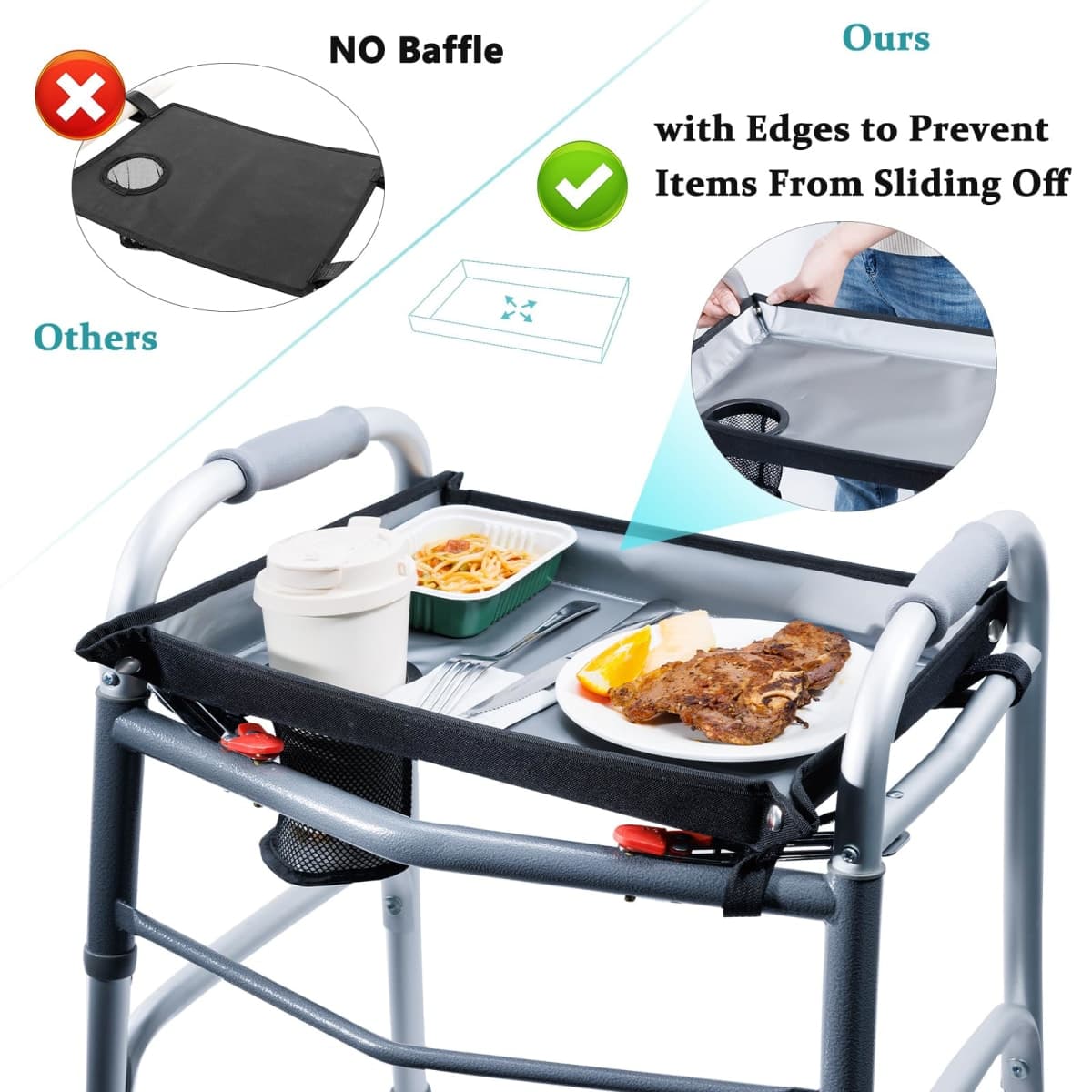 BAGSFY Walker Tray for Folding Walkers with Cup Holder – Hard Tray Table for Seniors,Easy Install, Universal Fit Walker Accessory for Meals, Drinks, Reading, Laptop thumbnail 5