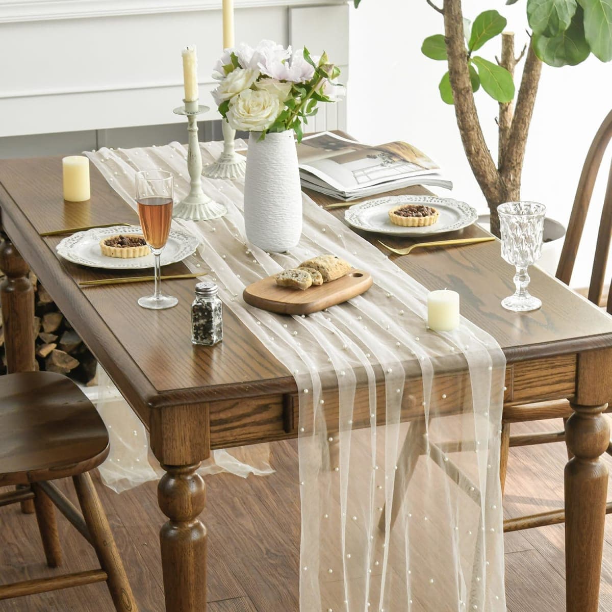 Artoid Mode Pearl Beige Gauze Table Runner 120 Inch 10FT, Seasonal Sheer Chiffon Cheesecloth Dining Holiday Birthday Table Decor for Home Party thumbnail 2