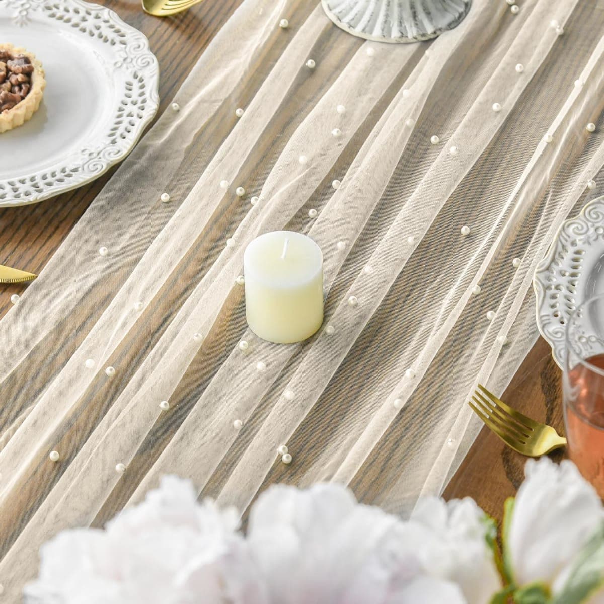 Artoid Mode Pearl Beige Gauze Table Runner 120 Inch 10FT, Seasonal Sheer Chiffon Cheesecloth Dining Holiday Birthday Table Decor for Home Party thumbnail 4