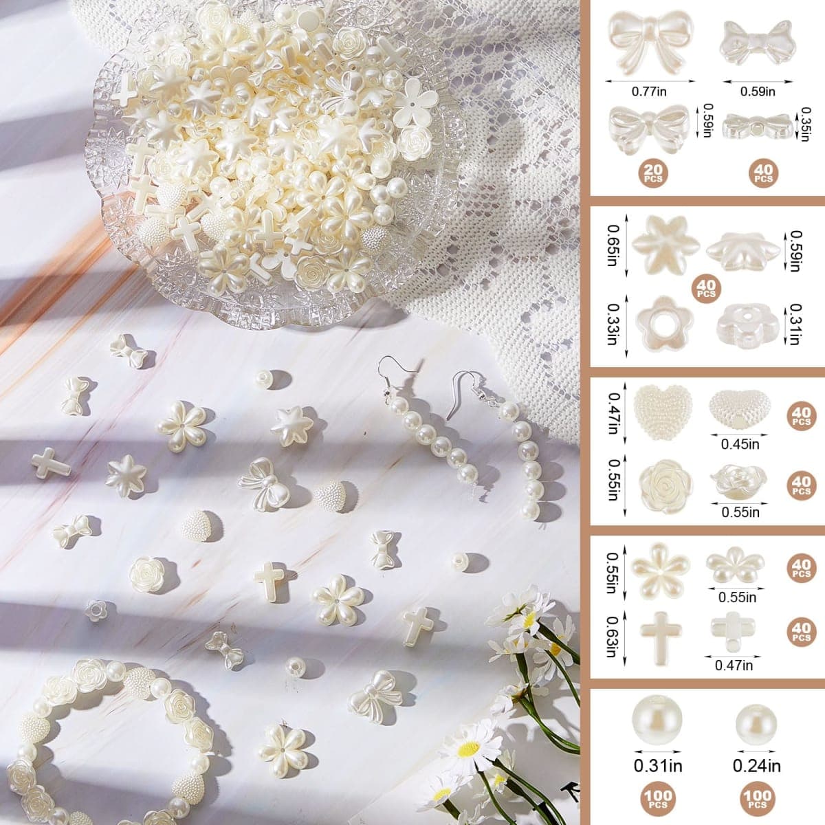 Juexica 500 Pcs ABS Imitation Pearl Beads Star Heart Bowknot Circle Flower Beads White Aesthetic Beads for Jewelry Making Bracelets Necklaces Earrings Key Chains Accessories DIY Crafts (Elegant Style) thumbnail 2