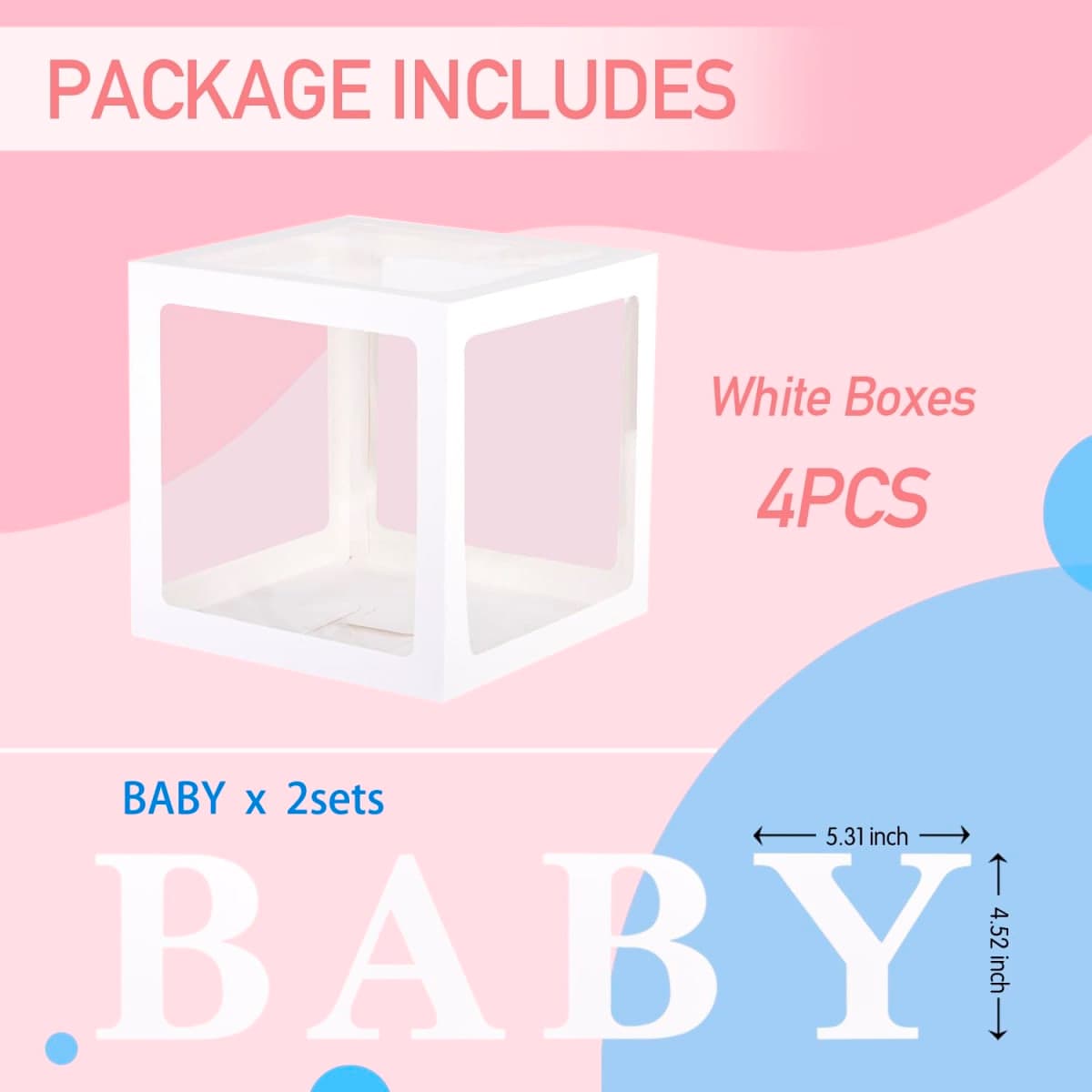 PABUES Baby Boxes with 4 PCS Letters for Baby Shower White Clear Balloon Box Blocks Gender Reveal Decorations and Birthday Party thumbnail 2