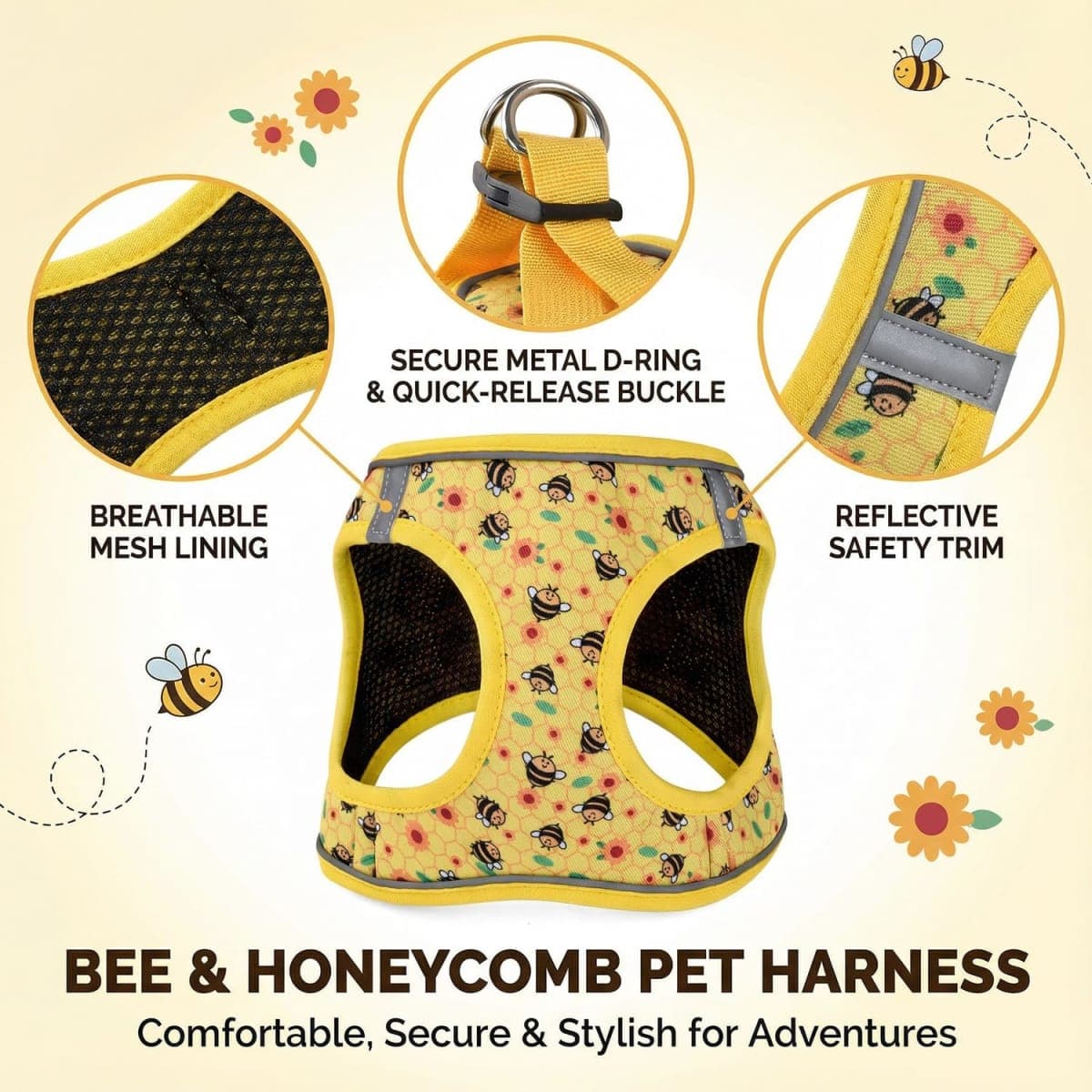 Mihqy Step in Dog Harness and Leash Set, Reflective Adjustable No Pull Dog Harness for Small Medium Dogs Puppy and Cats, Soft Padded Mesh Vest Harnesses for Girl and Boy Pets(Bee,M) thumbnail 2