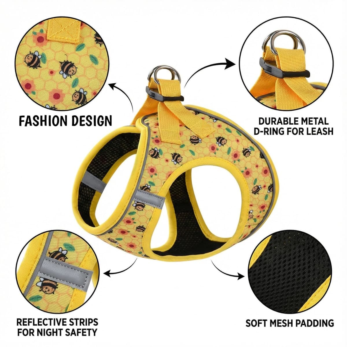 Mihqy Step in Dog Harness and Leash Set, Reflective Adjustable No Pull Dog Harness for Small Medium Dogs Puppy and Cats, Soft Padded Mesh Vest Harnesses for Girl and Boy Pets(Bee,M) thumbnail 3