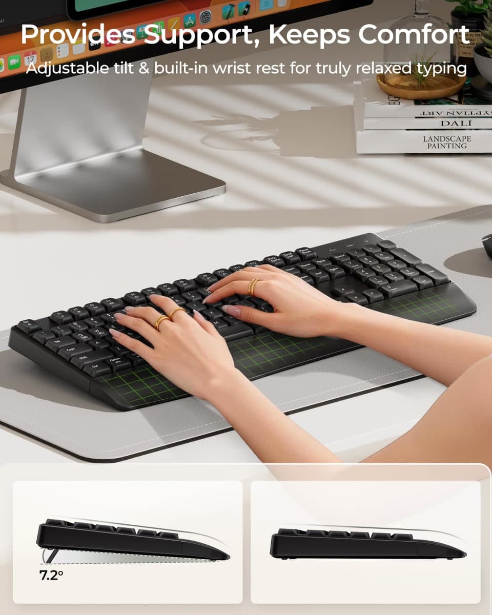 seenda Bluetooth Keyboard and Mouse, 2.4G USB + Bluetooth Multi Device, Ergonomic Keyboard Mouse Set, Full-Size Wireless Combo Compatible for Mac OS/Windows PC Computers Laptops thumbnail 4