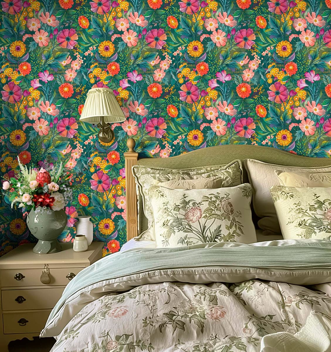 HAOKHOME Peel and Stick Wallpaper Floral Rental Friendly Wall Paper Green/Purple/Pink for Bathroom Kitchen Contact Paper 44cm x 3m thumbnail 2
