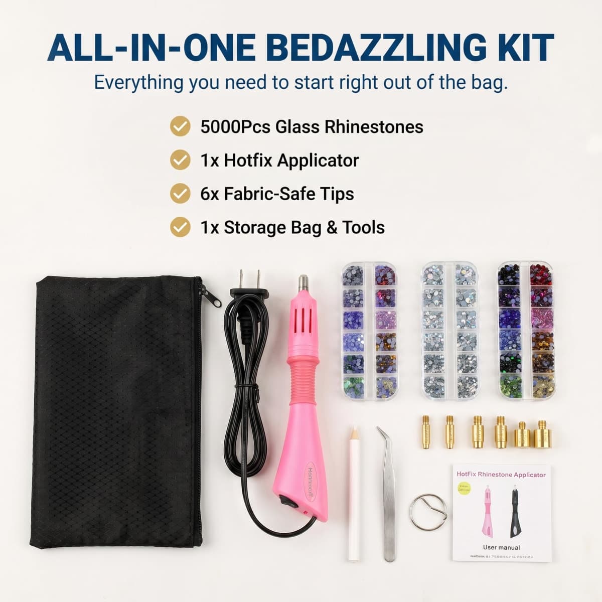 Worthofbest Hotfix Rhinestone Setter, Hot Fix Applicator Tool Bedazzler Kit with rhinestones, Kit, Hot Fixed Wand for Clothes Clothing Fabric Crafts, 5000 Pcs, AB Crystal, Clear, 3 Gems Sizes, Tips thumbnail 2