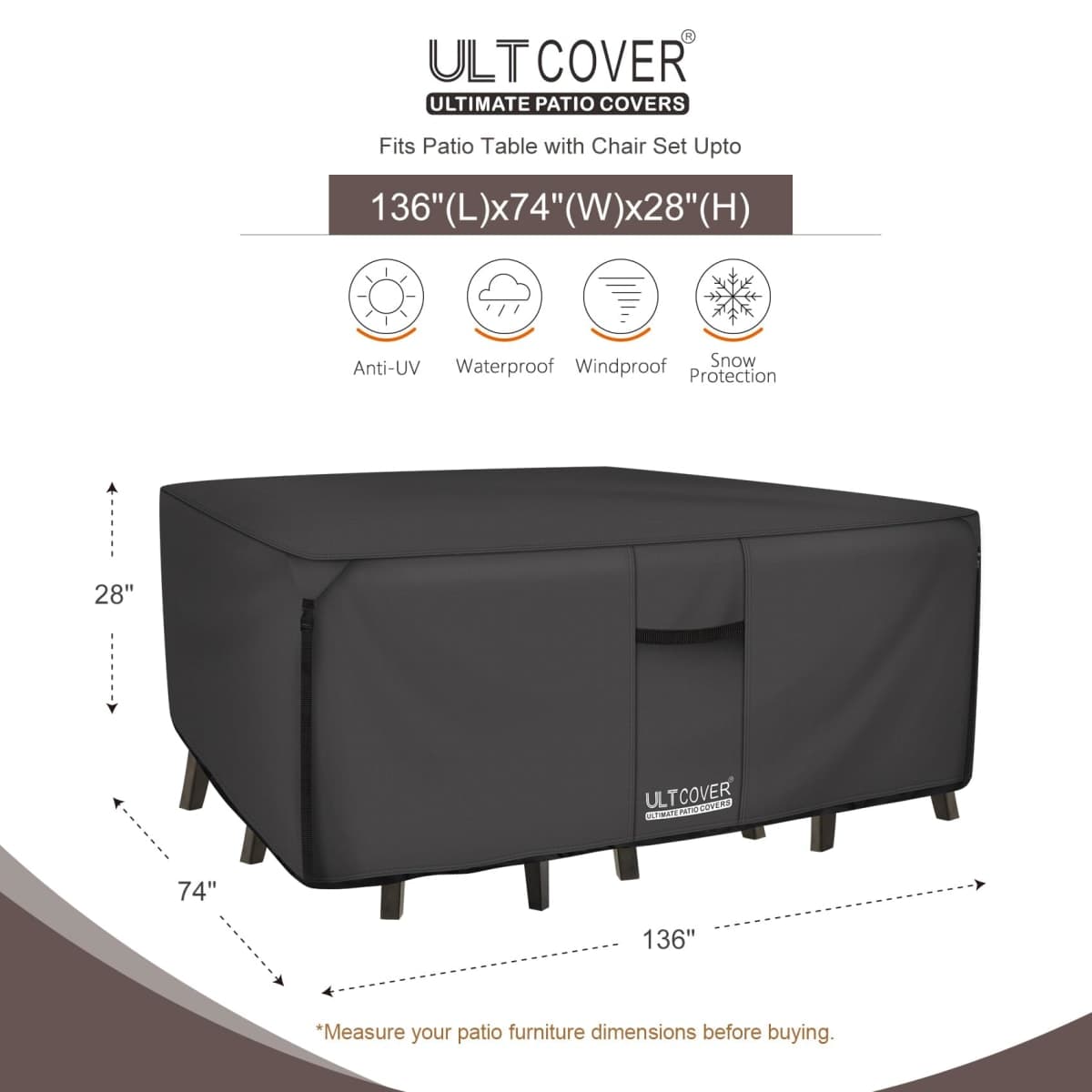 ULTCOVER 600D Tough Canvas Durable Rectangular Patio Table and Chair Cover - Waterproof Outdoor General Purpose Furniture Covers 136 x 74 inch, Black thumbnail 2
