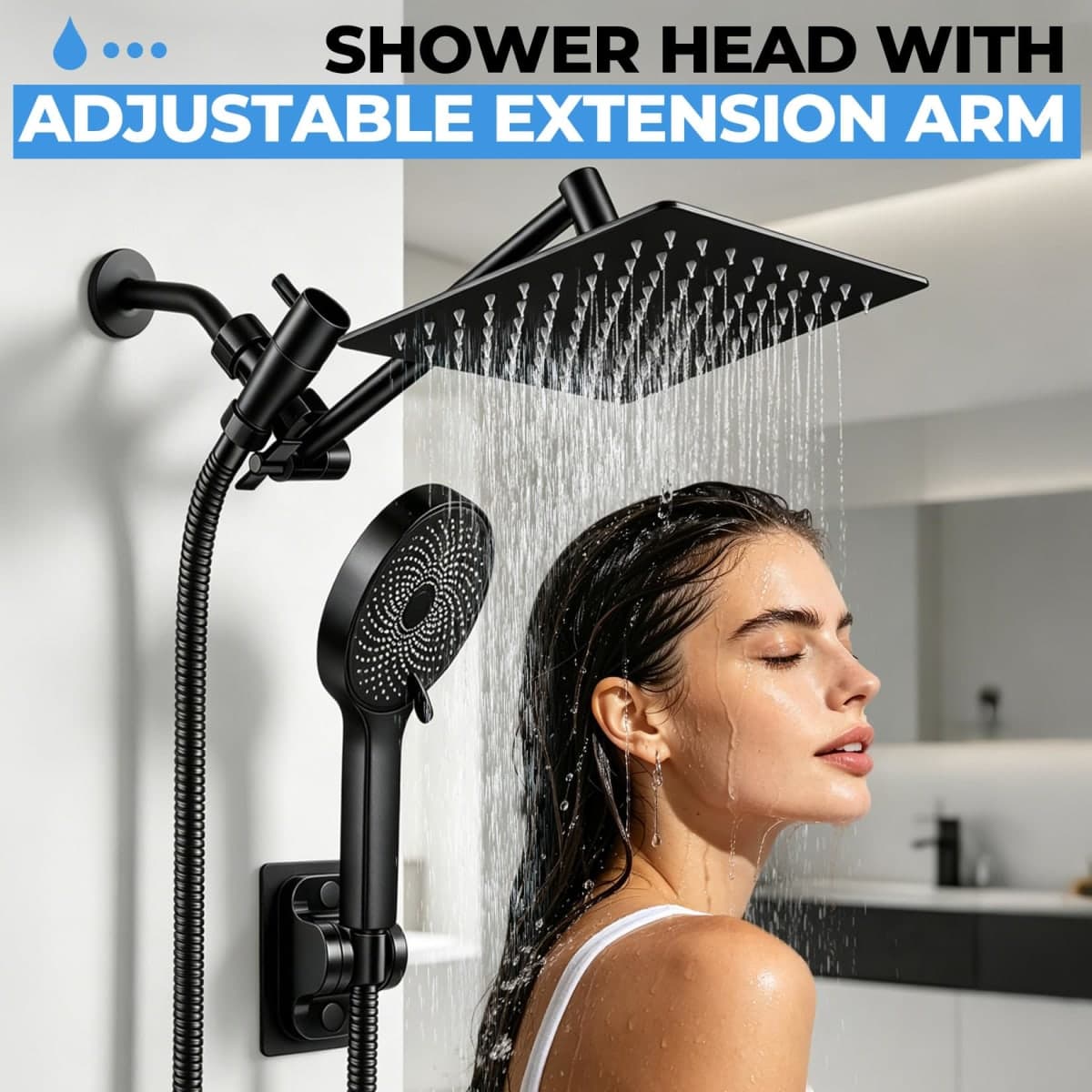 Shower Head, 8 inch Multifunction High Pressure Rain Shower Head with Handheld Spray Combo with 11'' Angle Adjustable Extension Arm/Flow Regulator/Shower System Matte Black thumbnail 2