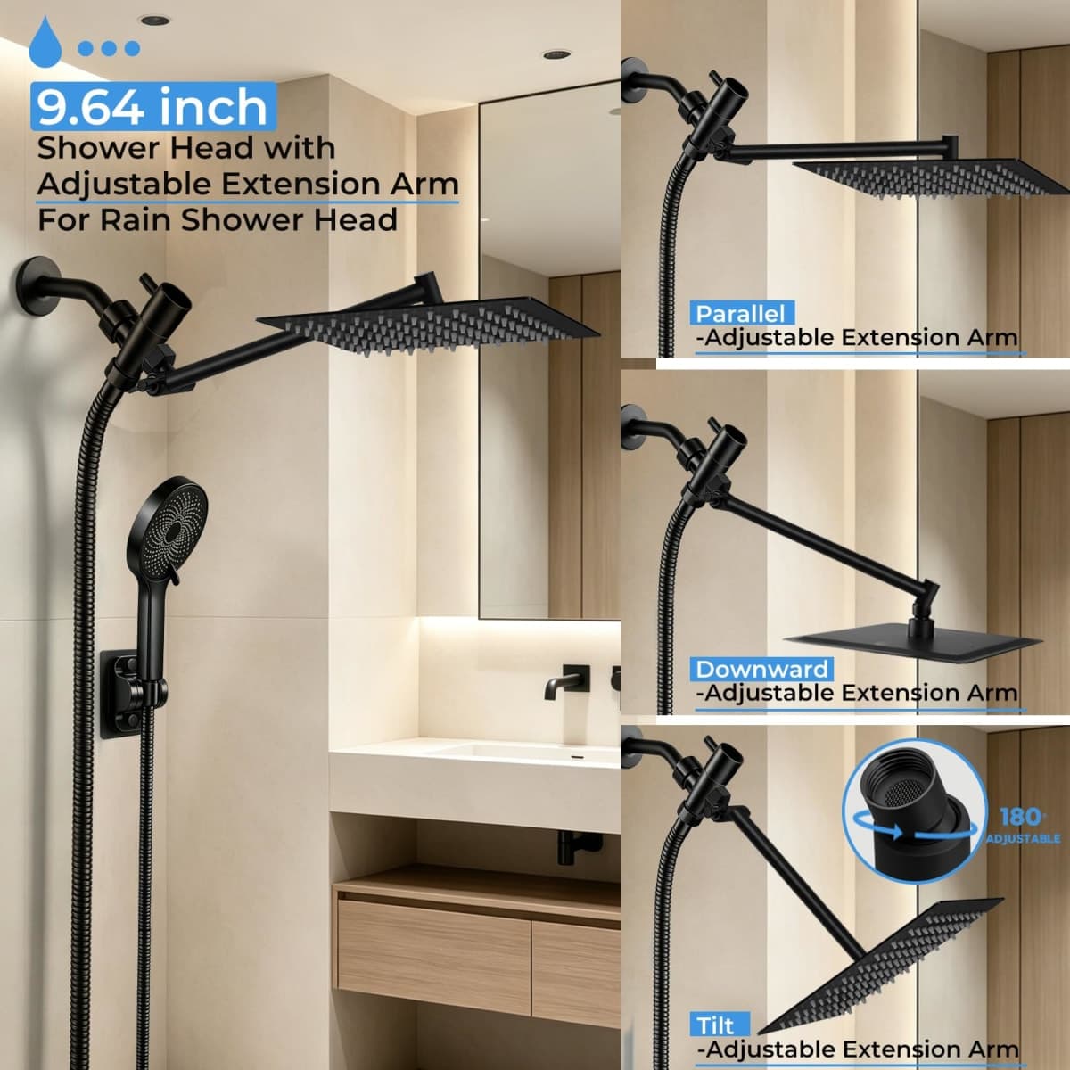 Shower Head, 8 inch Multifunction High Pressure Rain Shower Head with Handheld Spray Combo with 11'' Angle Adjustable Extension Arm/Flow Regulator/Shower System Matte Black thumbnail 3