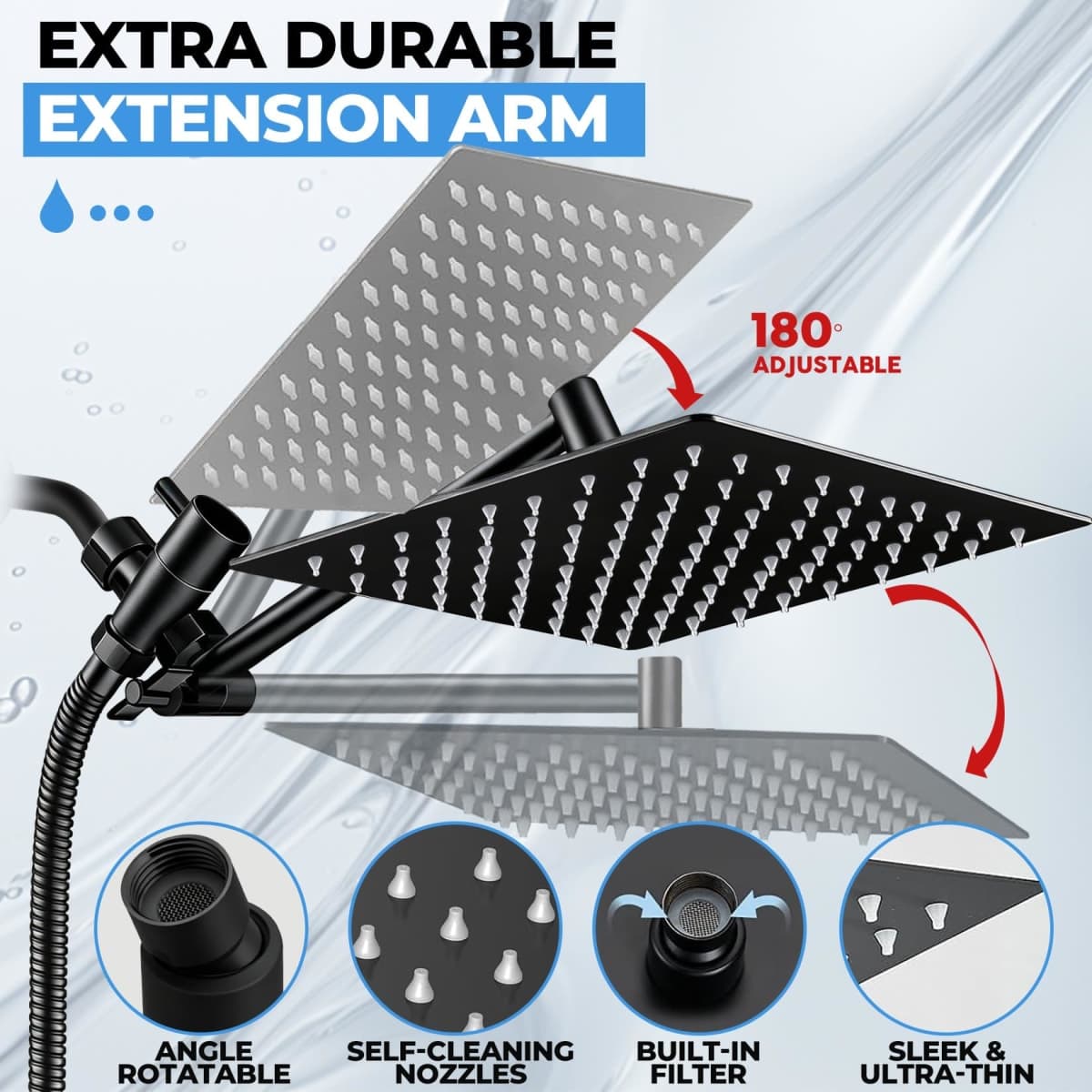 Shower Head, 8 inch Multifunction High Pressure Rain Shower Head with Handheld Spray Combo with 11'' Angle Adjustable Extension Arm/Flow Regulator/Shower System Matte Black thumbnail 4