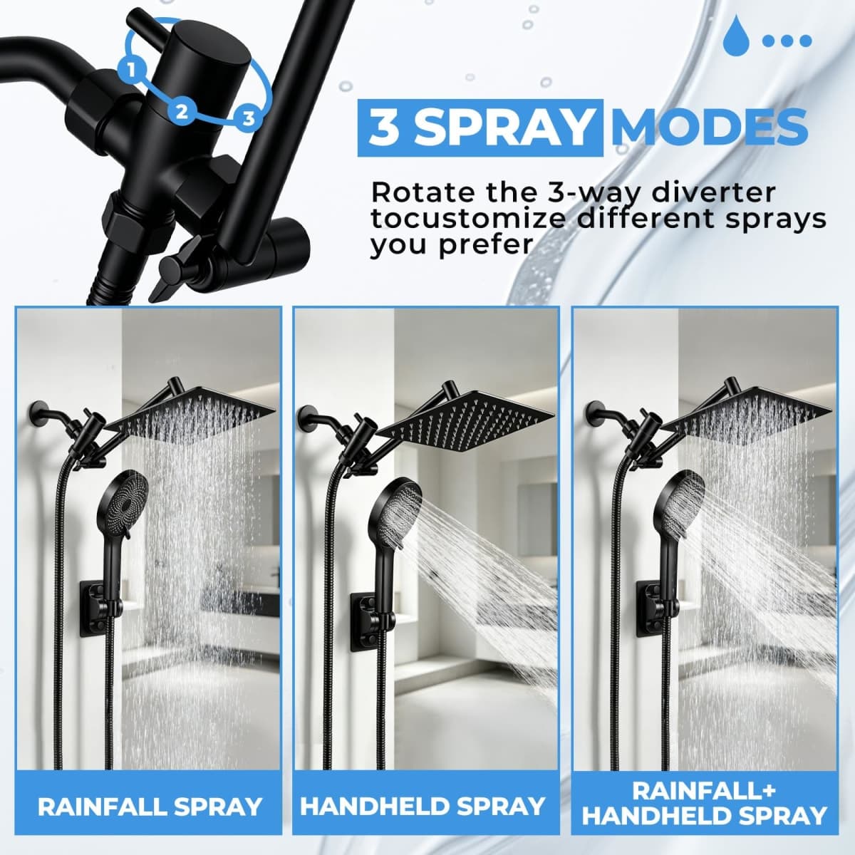 Shower Head, 8 inch Multifunction High Pressure Rain Shower Head with Handheld Spray Combo with 11'' Angle Adjustable Extension Arm/Flow Regulator/Shower System Matte Black thumbnail 5