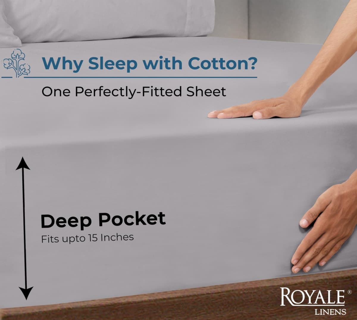 Royale Linens 100% Organic Cotton Fitted Sheet - Percale Weave - Super Soft Deep Pocket Bottom Sheets - Elastic Sheet King Size - King Fitted Sheets Only - (78"x80"+15", Silver) thumbnail 2