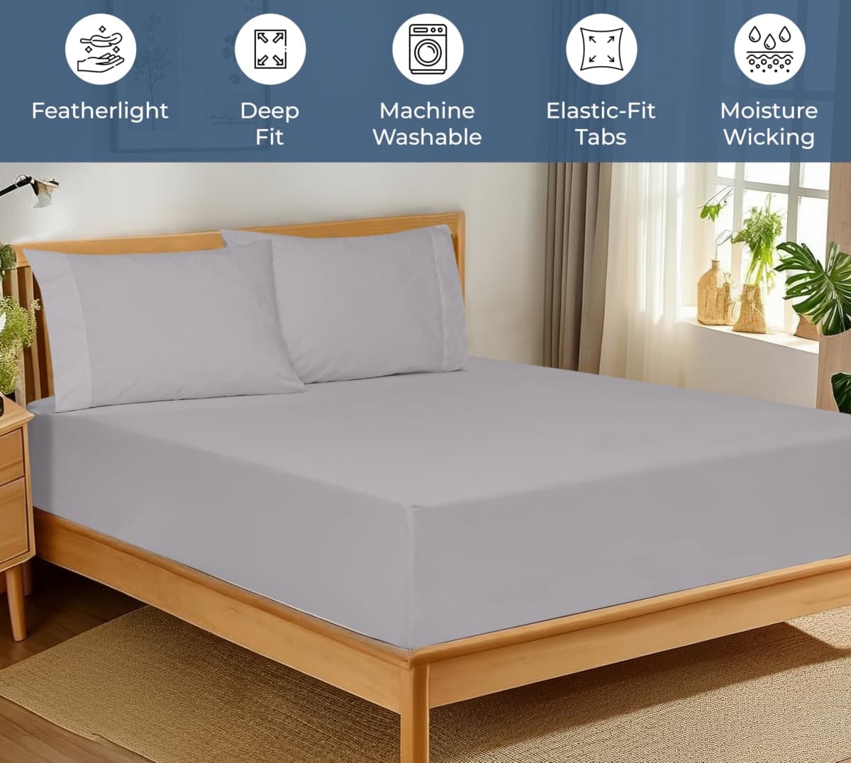 Royale Linens 100% Organic Cotton Fitted Sheet - Percale Weave - Super Soft Deep Pocket Bottom Sheets - Elastic Sheet King Size - King Fitted Sheets Only - (78"x80"+15", Silver) thumbnail 3