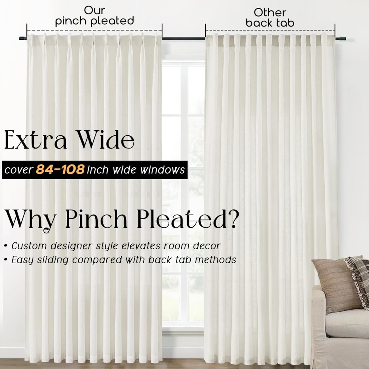 SHINELAND Pinch Pleated Curtains 96 Inches Long 70 Extra Wide 2 Panel Set Pleat Linen Curtains for Living Room,Sheer Light Filtering Cream Two 8FT 8 FT Ceiling to Floor Length Curtain Drapes thumbnail 4