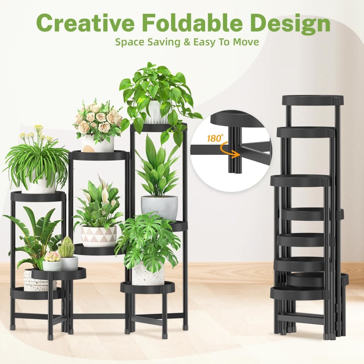 iDavosic.ly 8 Tier Folding Plant Stand Indoor Outdoor, Plastic Tray, Black thumbnail 3