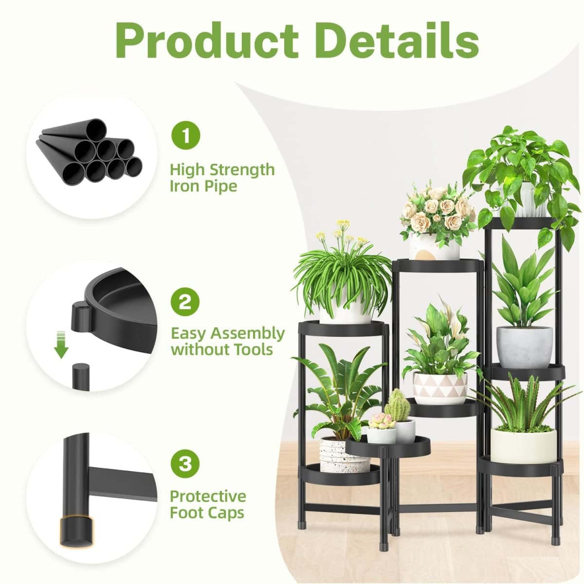 iDavosic.ly 8 Tier Folding Plant Stand Indoor Outdoor, Plastic Tray, Black thumbnail 4